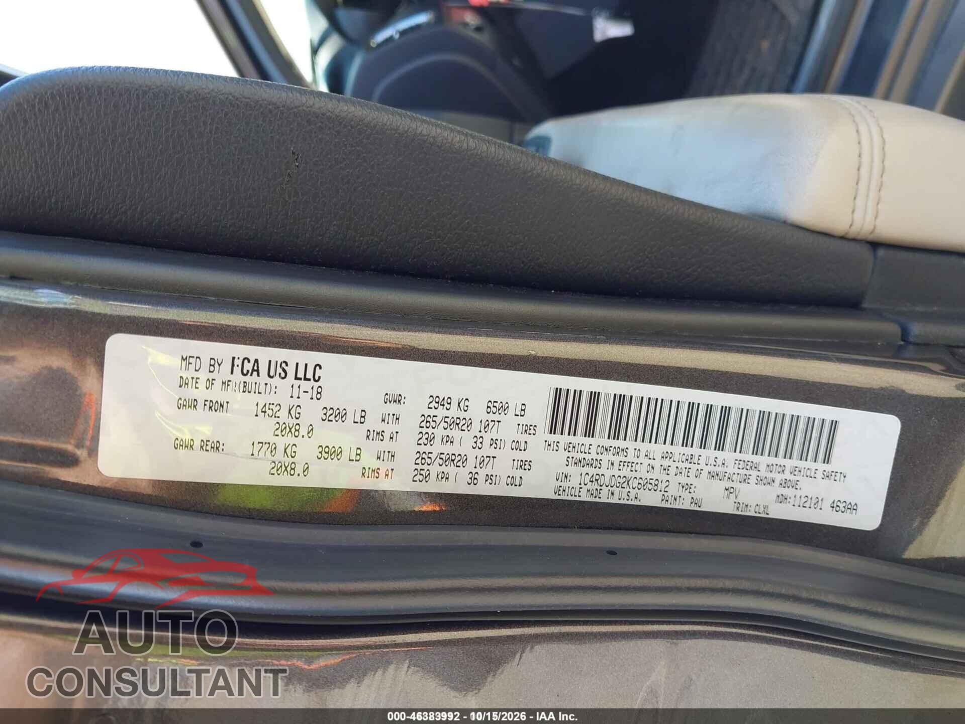 DODGE DURANGO 2019 - 1C4RDJDG2KC605812