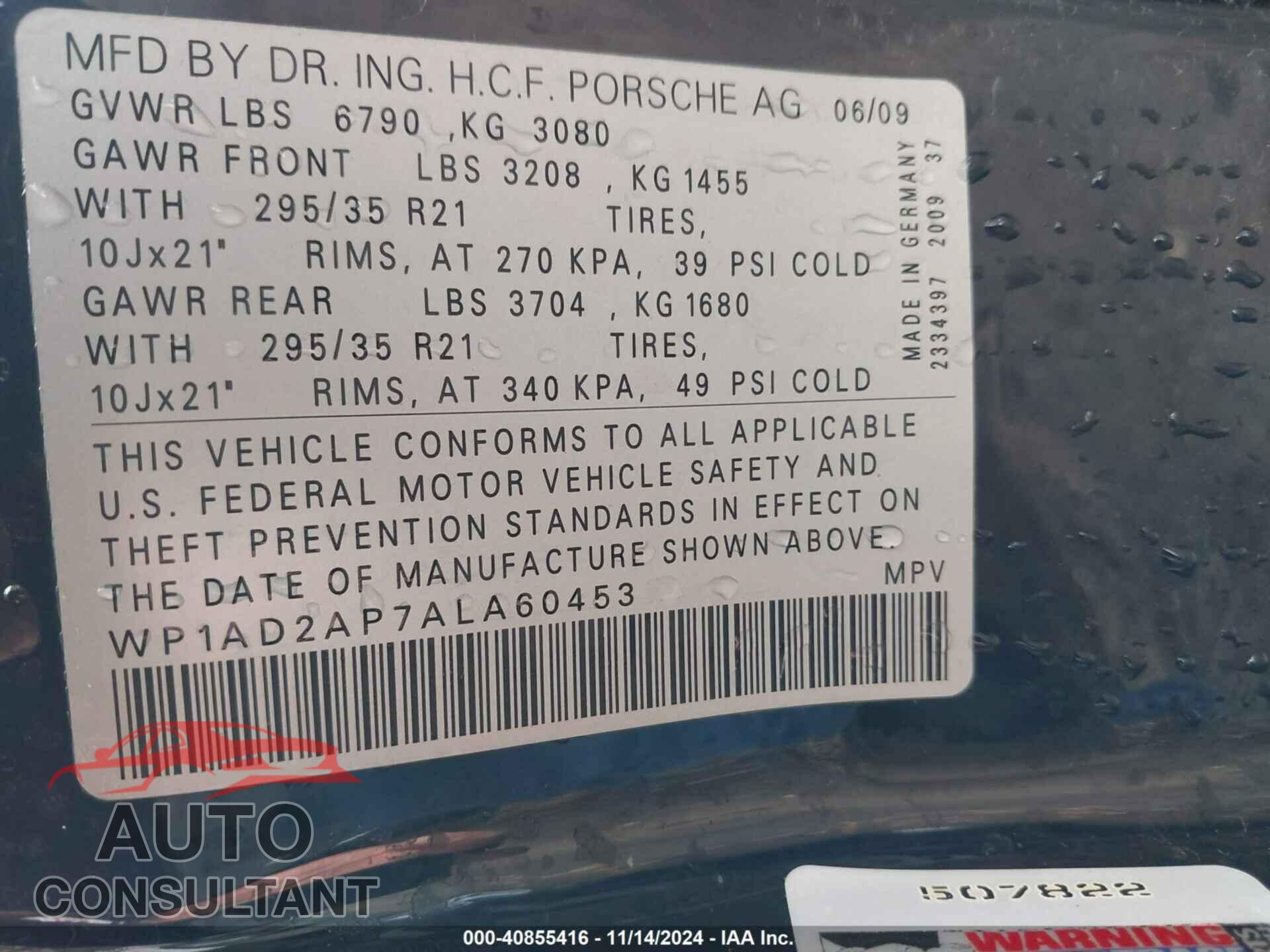 PORSCHE CAYENNE 2010 - WP1AD2AP7ALA60453