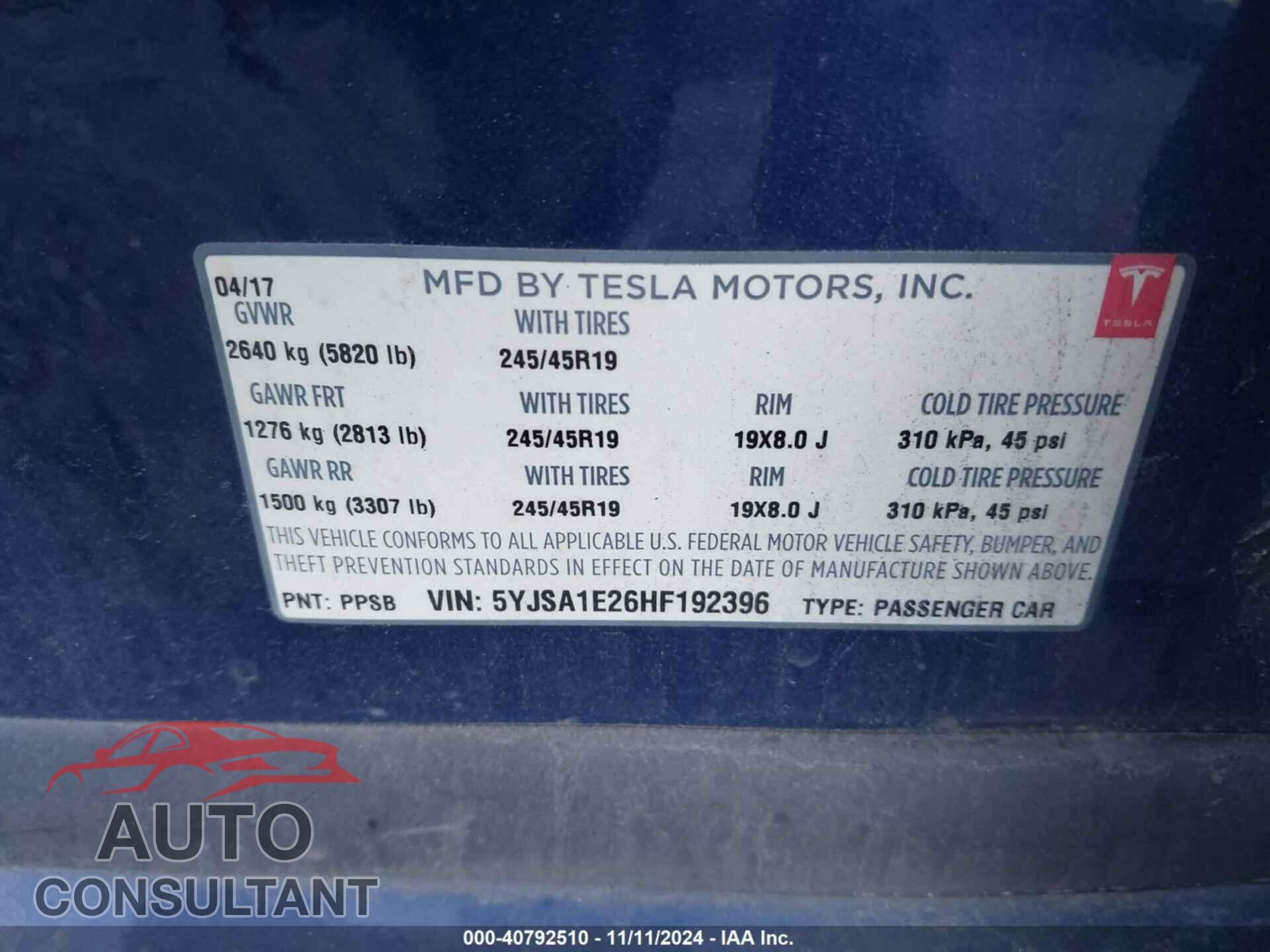TESLA MODEL S 2017 - 5YJSA1E26HF192396
