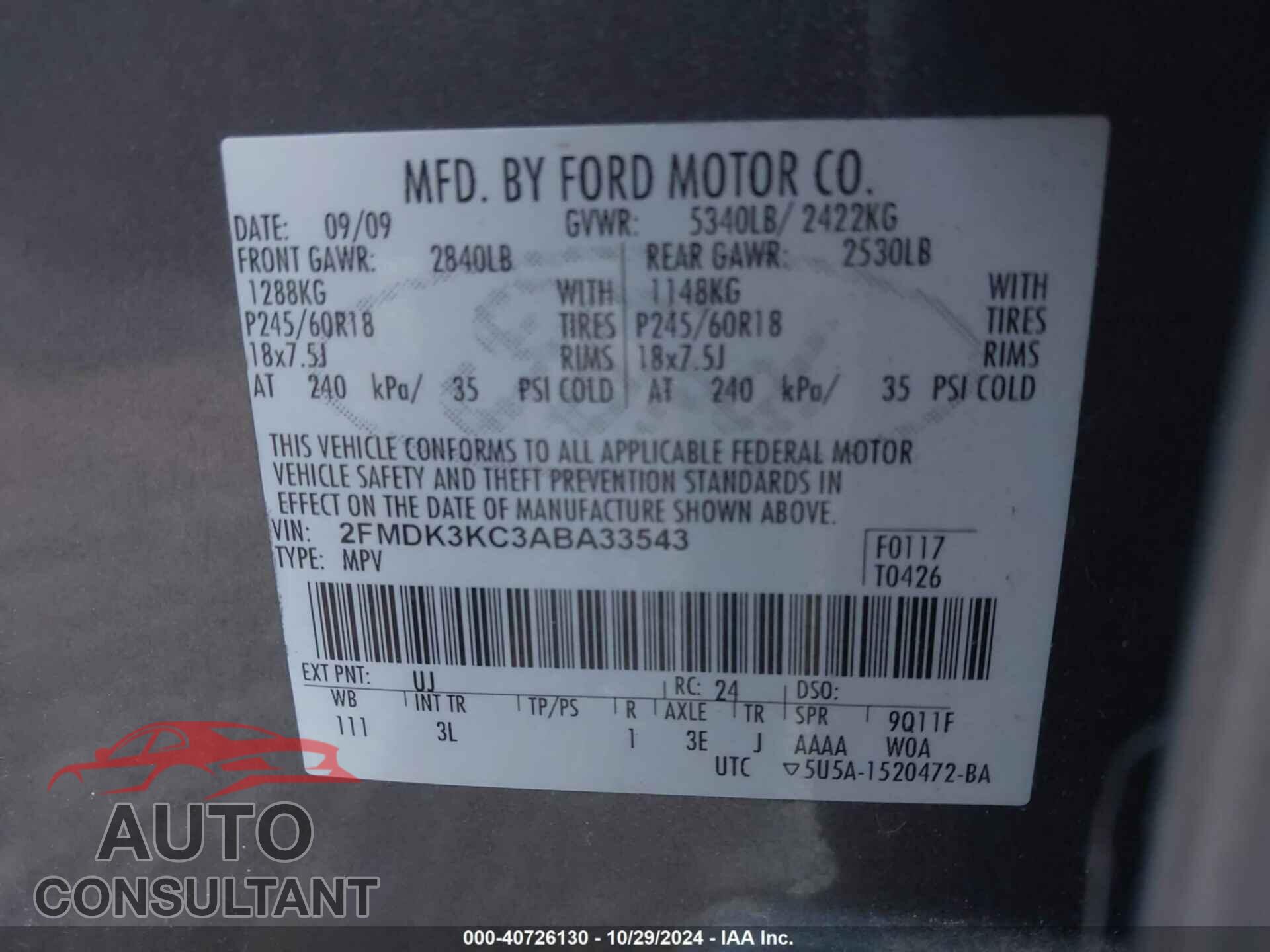 FORD EDGE 2010 - 2FMDK3KC3ABA33543