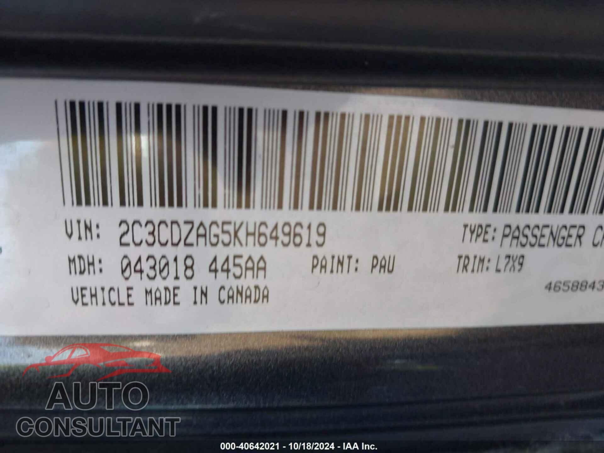 DODGE CHALLENGER 2019 - 2C3CDZAG5KH649619