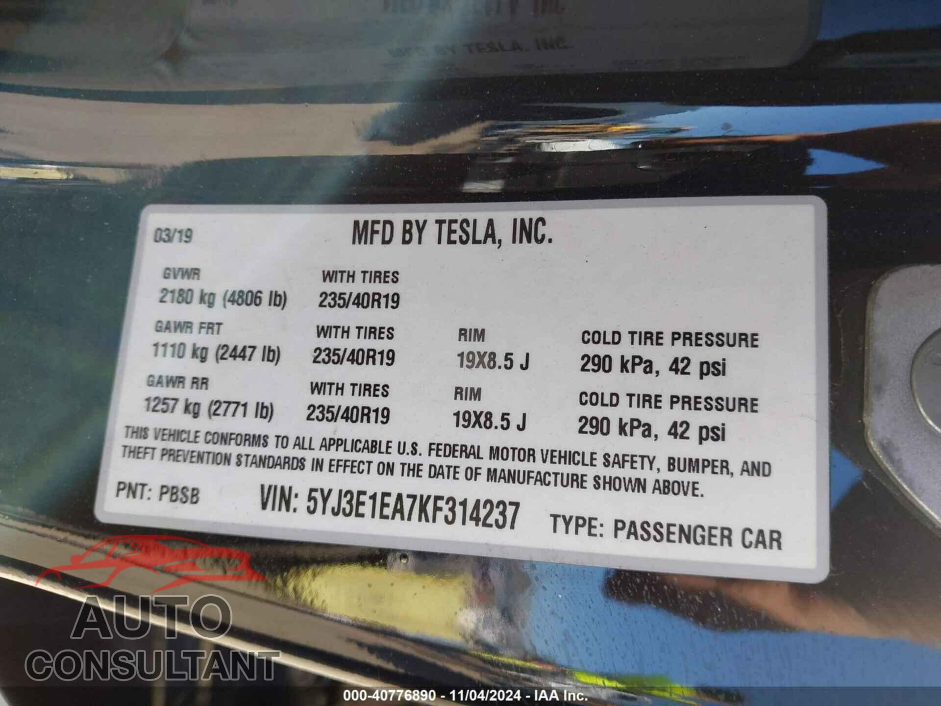 TESLA MODEL 3 2019 - 5YJ3E1EA7KF314237