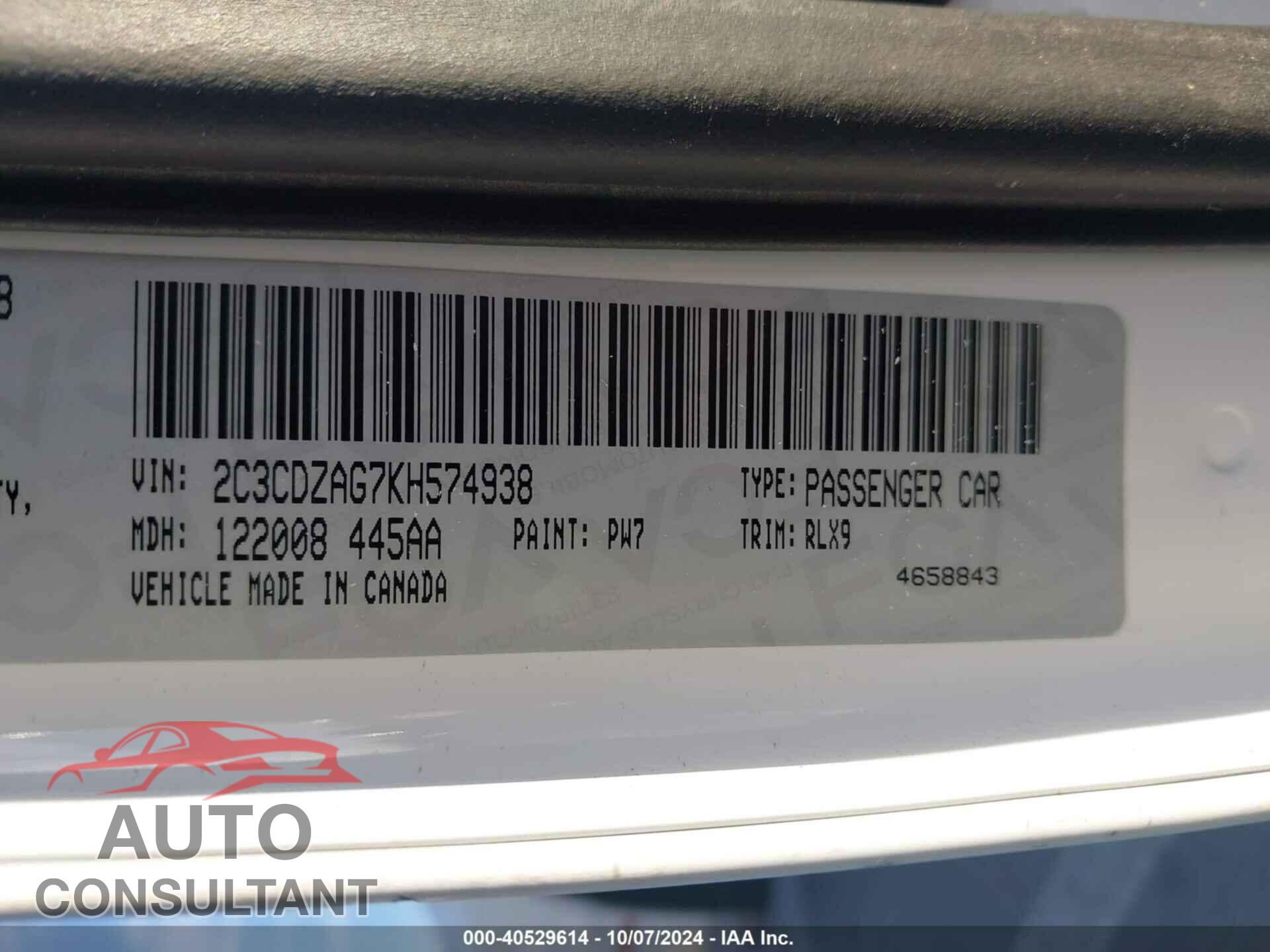 DODGE CHALLENGER 2019 - 2C3CDZAG7KH574938