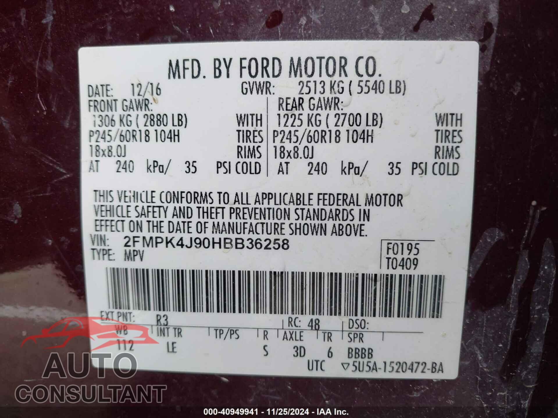 FORD EDGE 2017 - 2FMPK4J90HBB36258