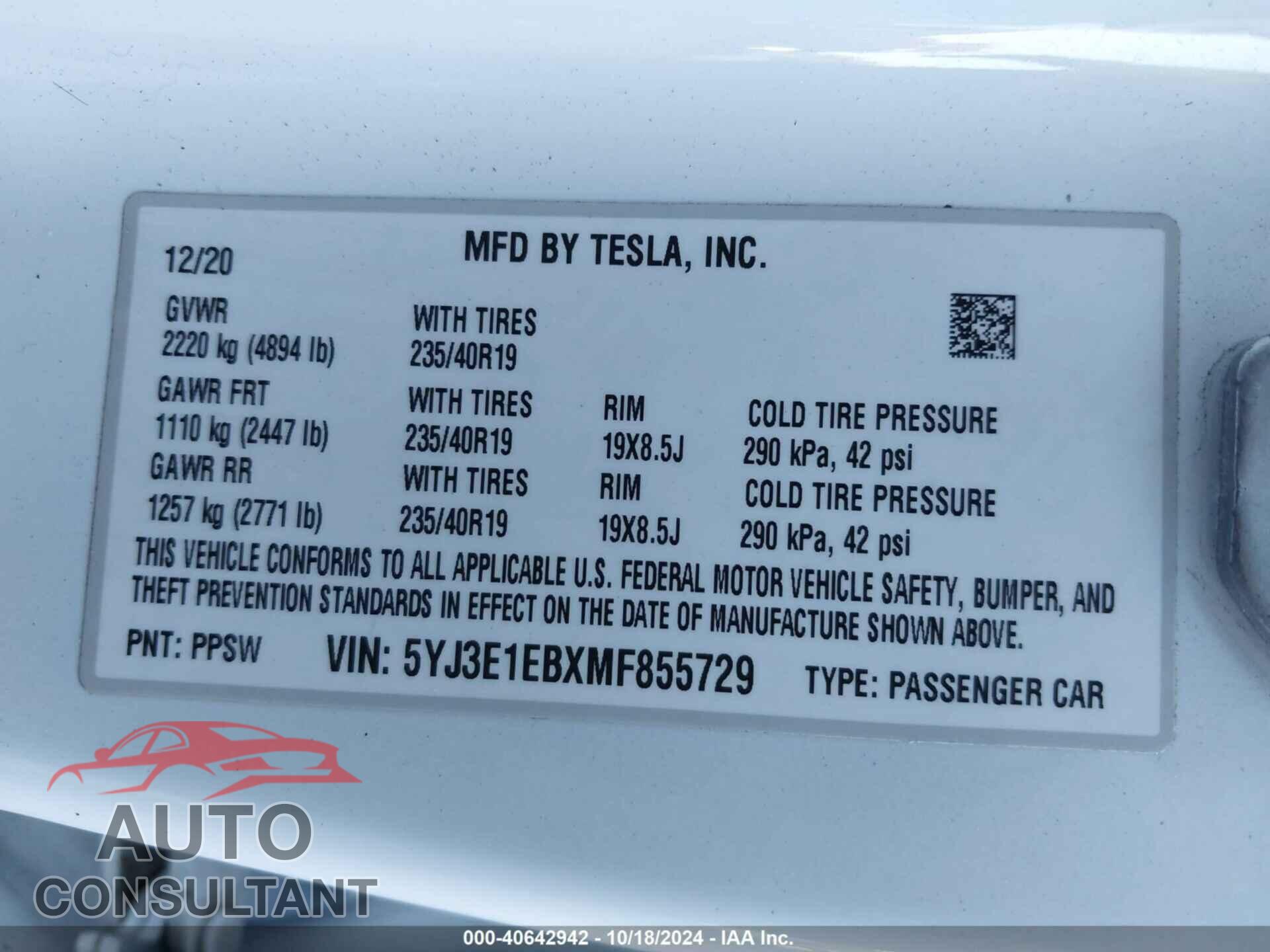 TESLA MODEL 3 2021 - 5YJ3E1EBXMF855729