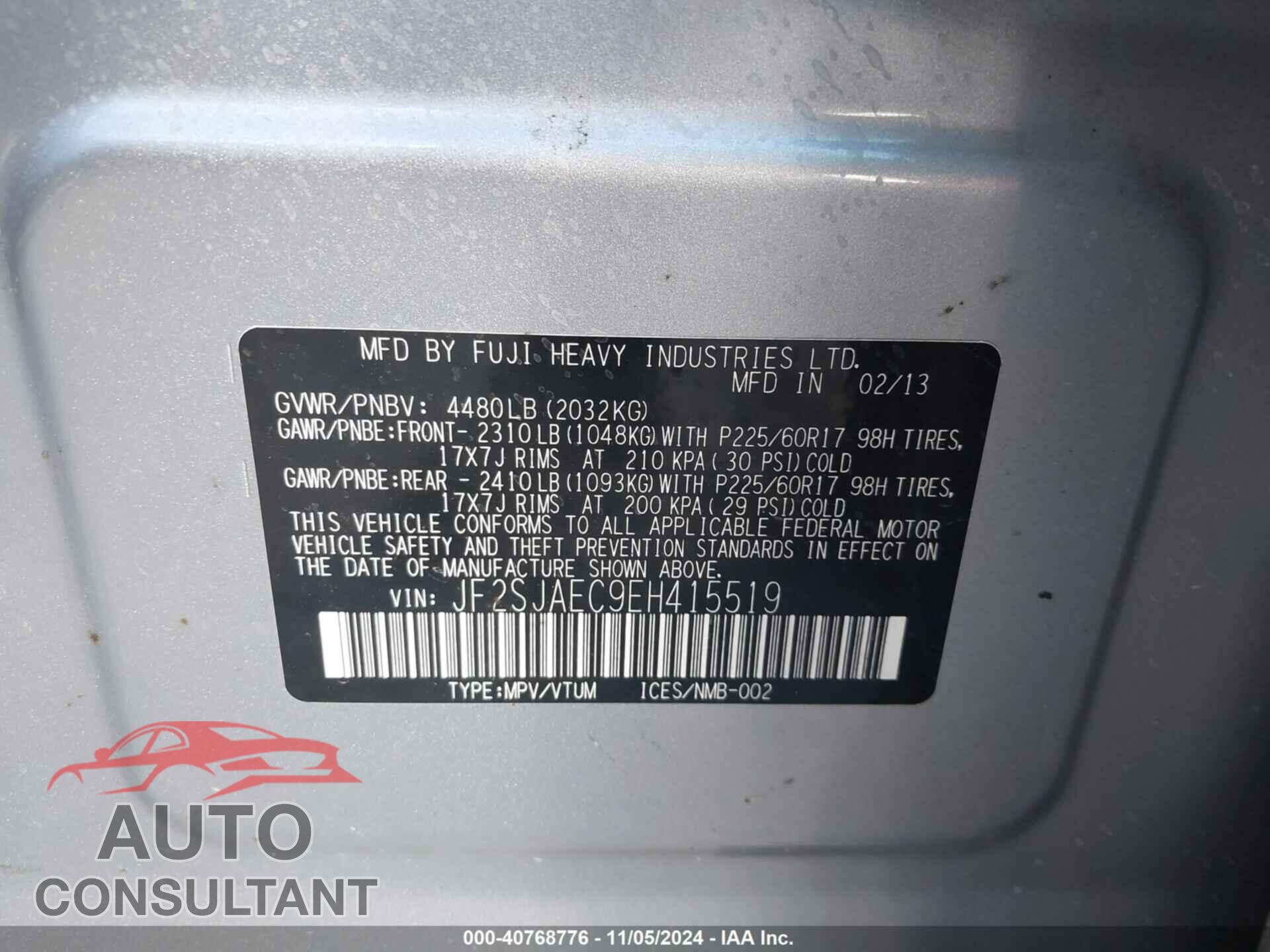 SUBARU FORESTER 2014 - JF2SJAEC9EH415519