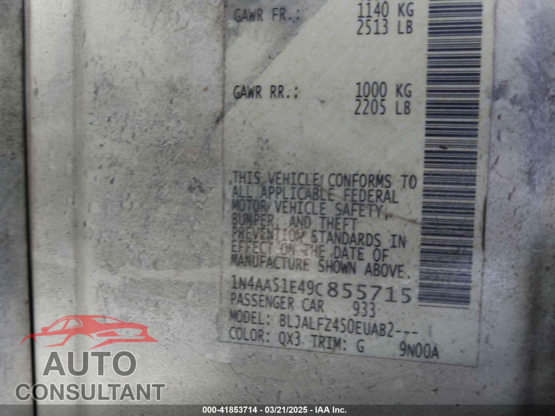 NISSAN MAXIMA 2009 - 1N4AA51E49C855715