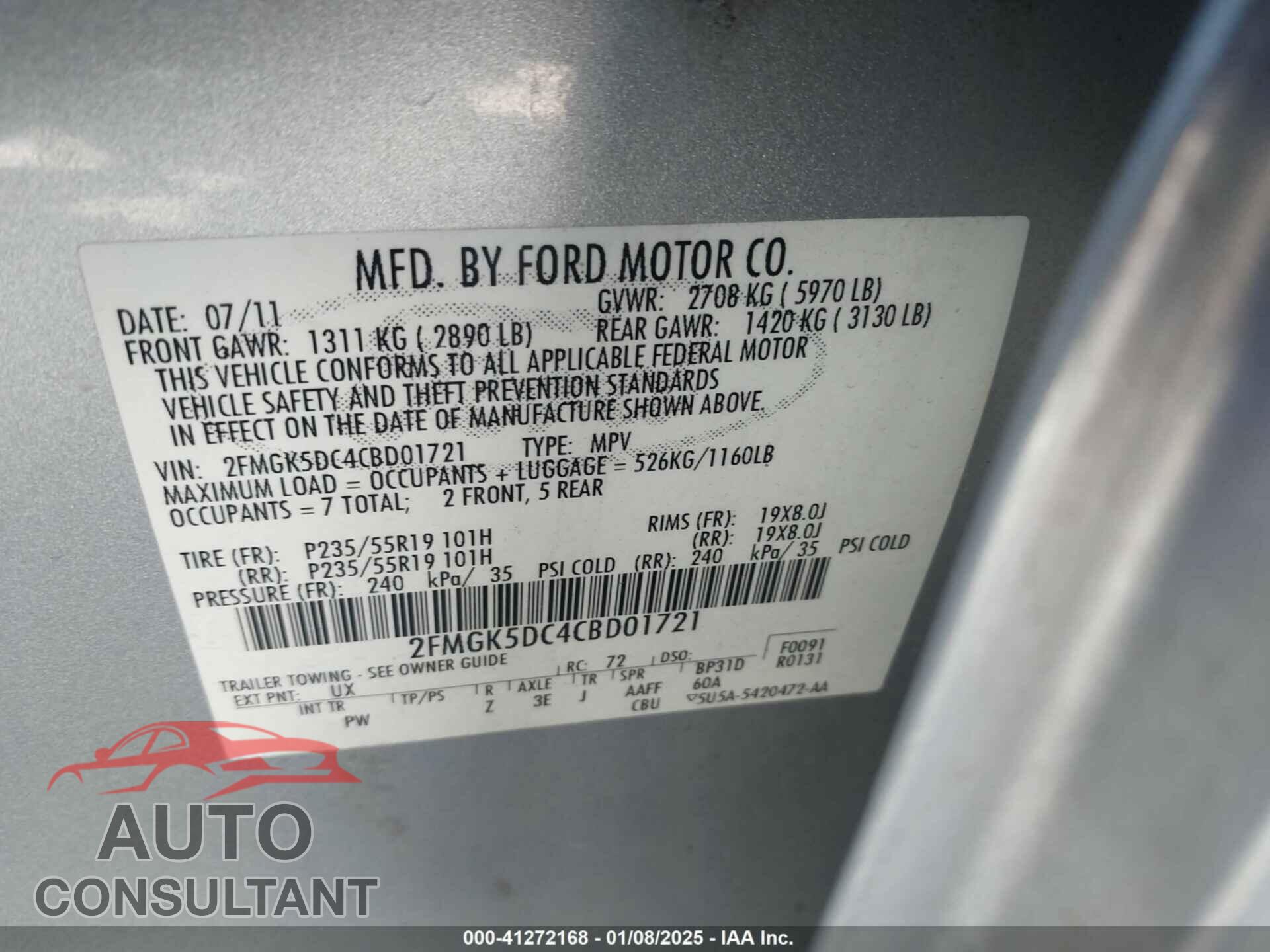 FORD FLEX 2012 - 2FMGK5DC4CBD01721