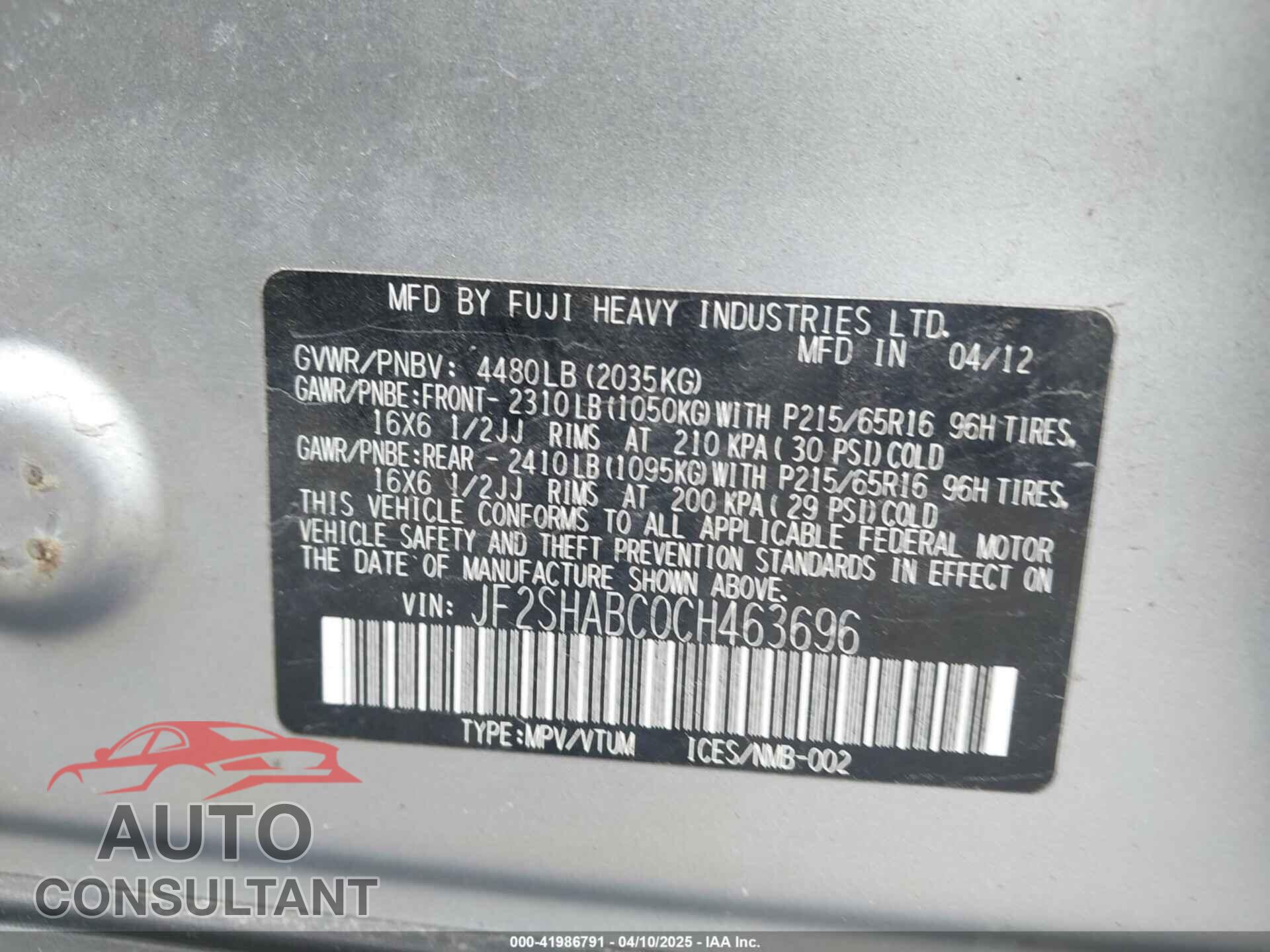 SUBARU FORESTER 2012 - JF2SHABC0CH463696