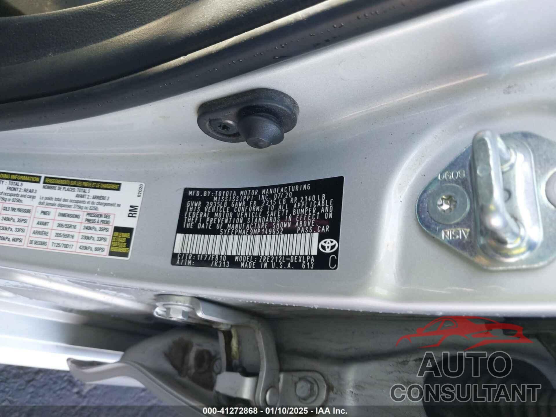 TOYOTA COROLLA 2021 - 5YFEPMAE9MP149652