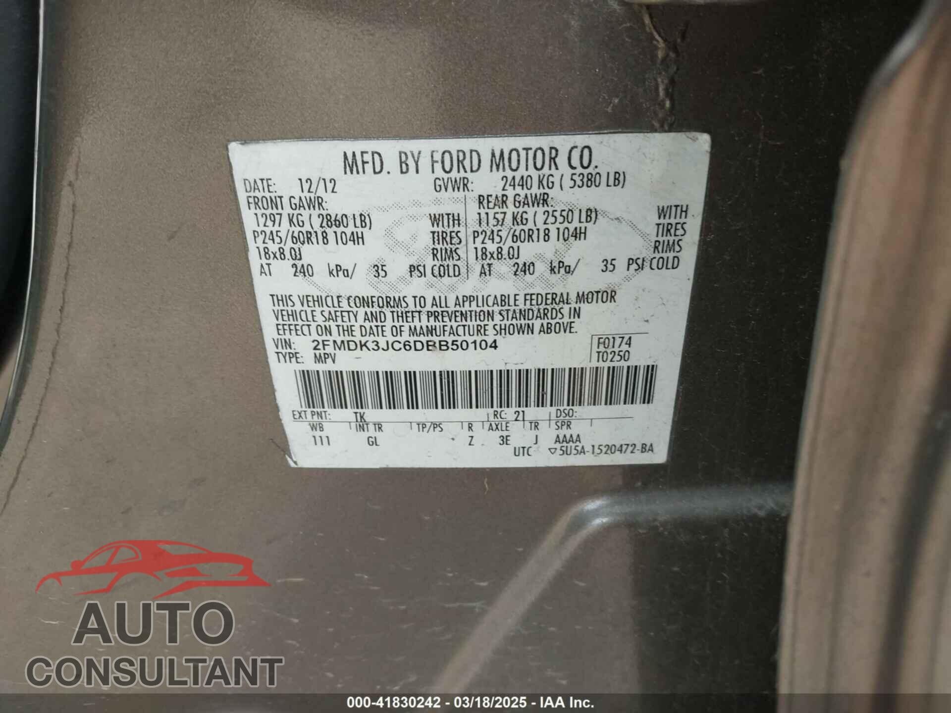 FORD EDGE 2013 - 2FMDK3JC6DBB50104