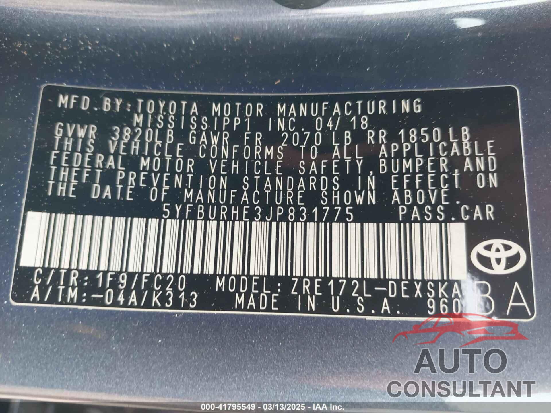 TOYOTA COROLLA 2018 - 5YFBURHE3JP831775
