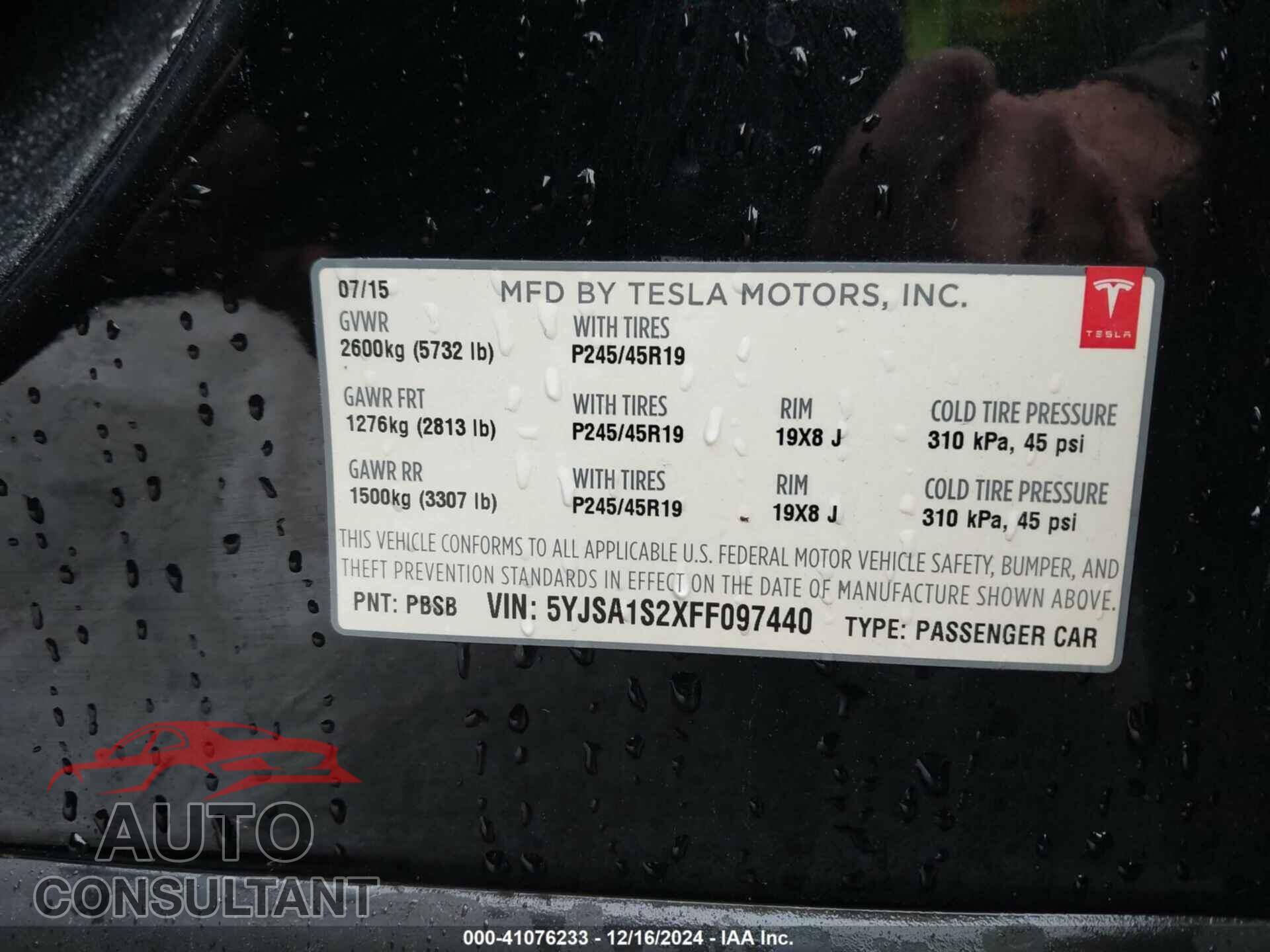 TESLA MODEL S 2015 - 5YJSA1S2XFF097440