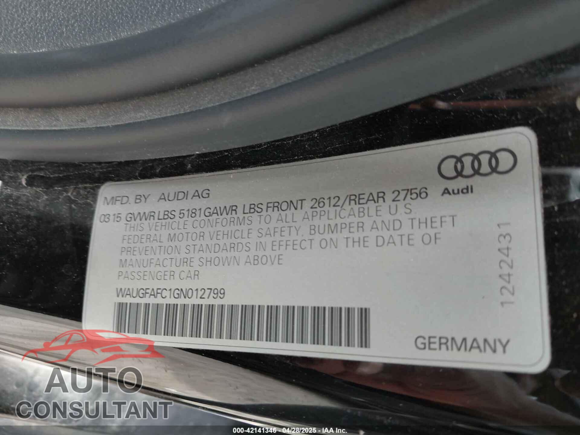 AUDI A6 2016 - WAUGFAFC1GN012799