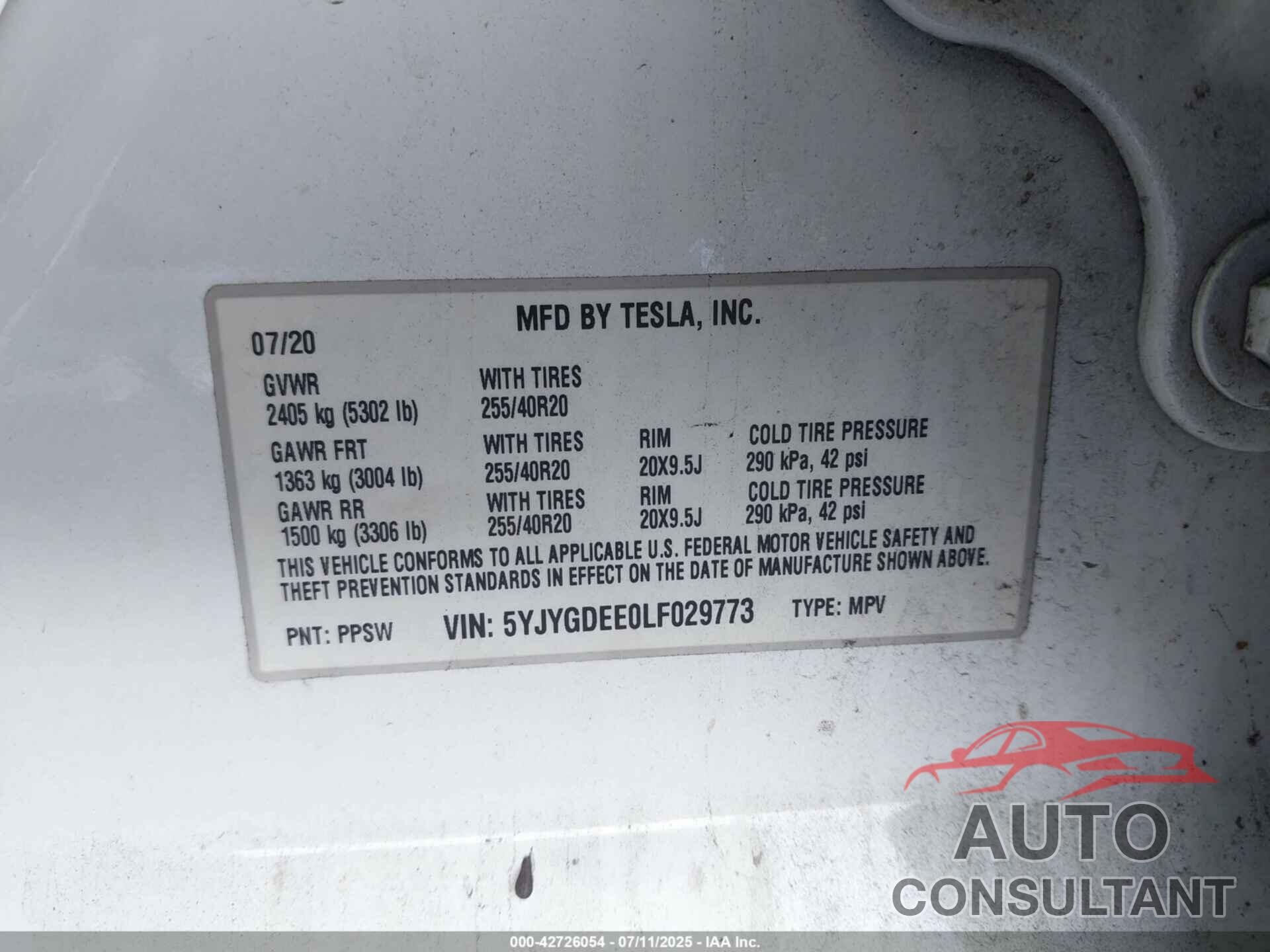 TESLA MODEL Y 2020 - 5YJYGDEE0LF029773