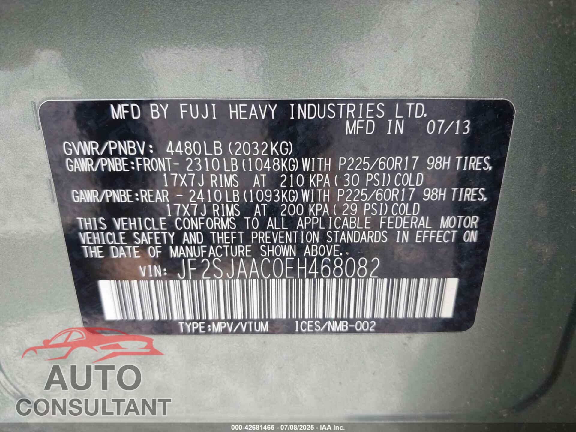 SUBARU FORESTER 2014 - JF2SJAAC0EH468082