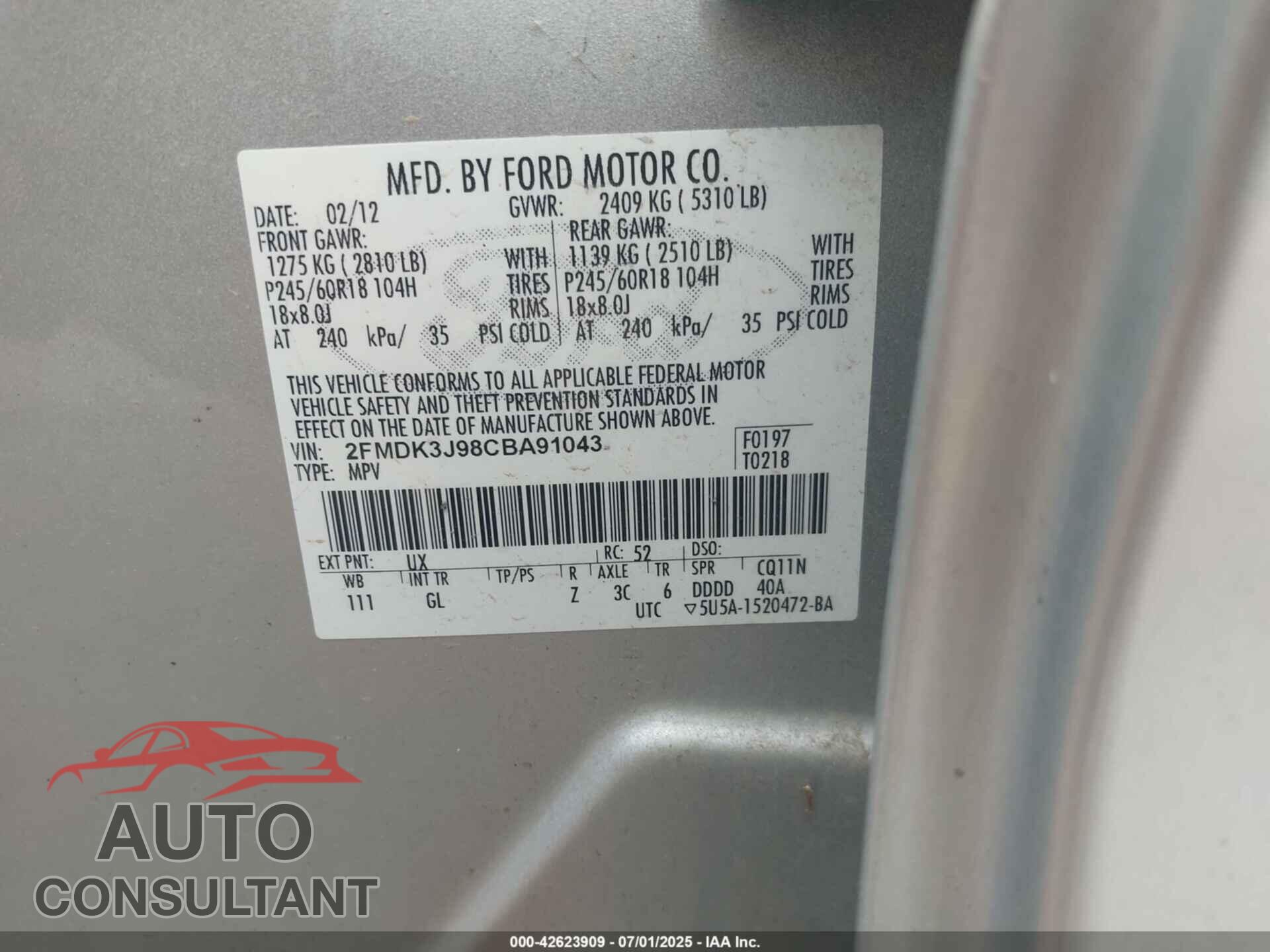 FORD EDGE 2012 - 2FMDK3J98CBA91043