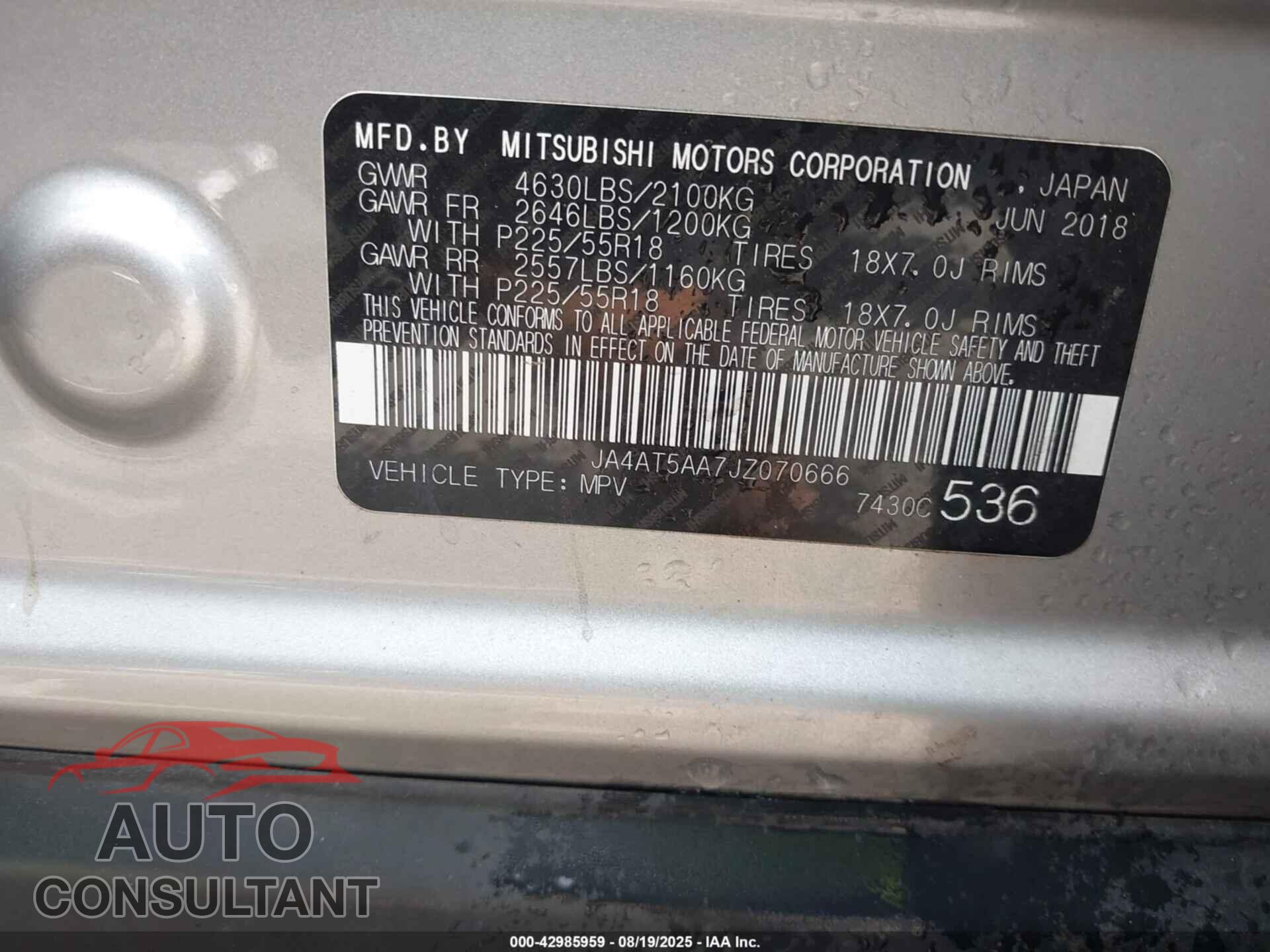 MITSUBISHI ECLIPSE CROSS 2018 - JA4AT5AA7JZ070666