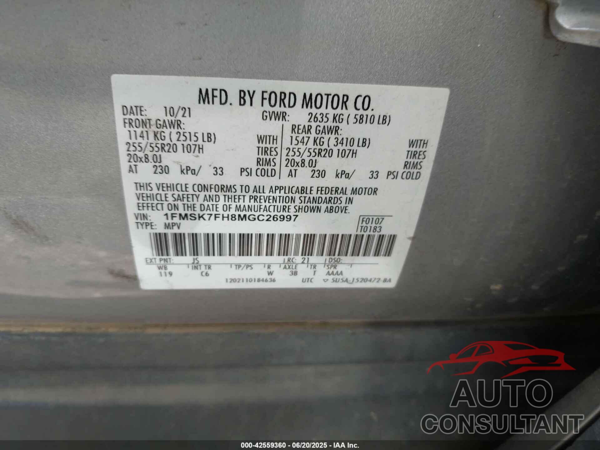 FORD EXPLORER 2021 - 1FMSK7FH8MGC26997