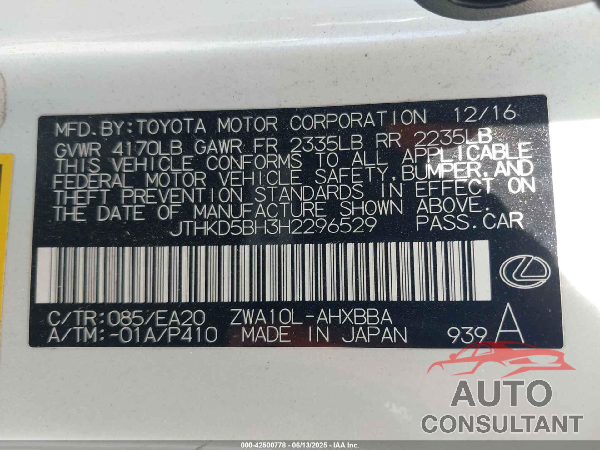 LEXUS CT 200H 2017 - JTHKD5BH3H2296529