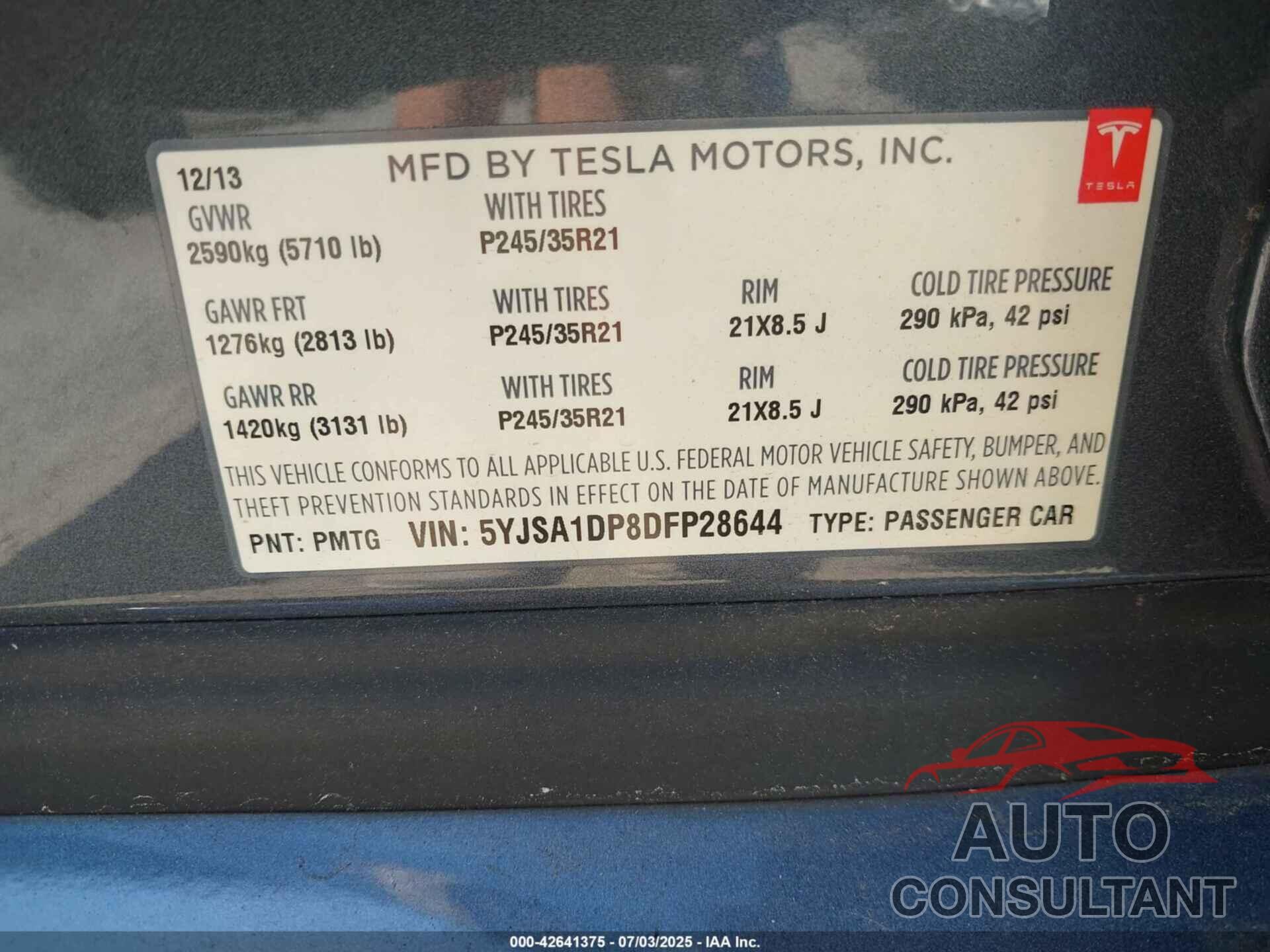 TESLA MODEL S 2013 - 5YJSA1DP8DFP28644