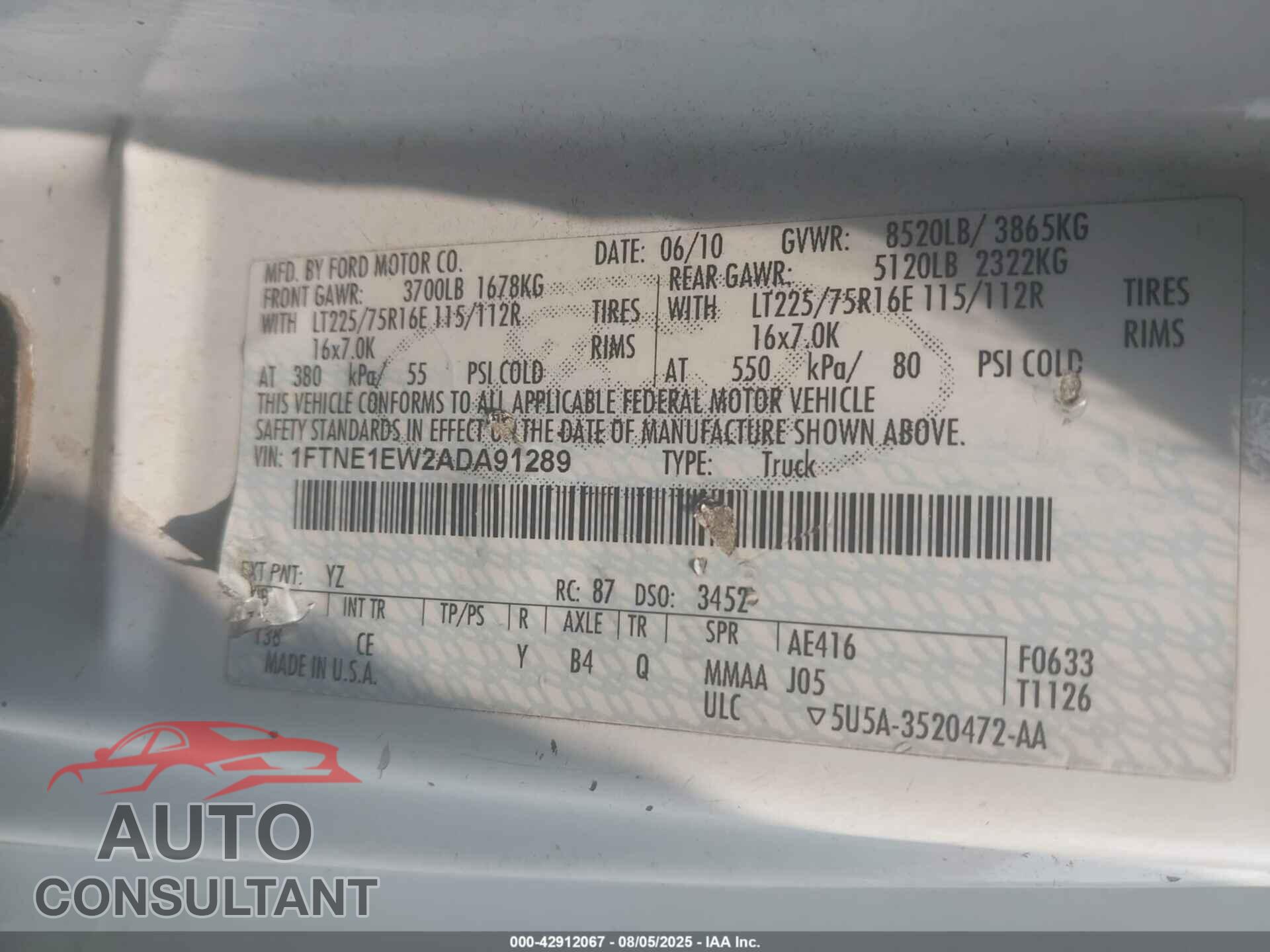 FORD E-150 2010 - 1FTNE1EW2ADA91289