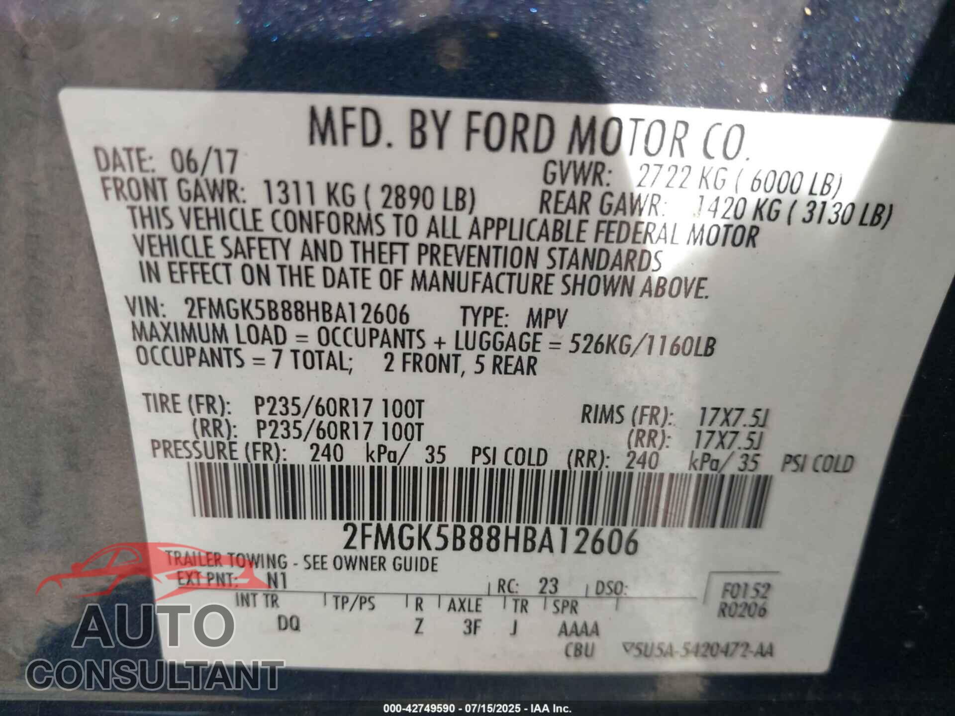 FORD FLEX 2017 - 2FMGK5B88HBA12606