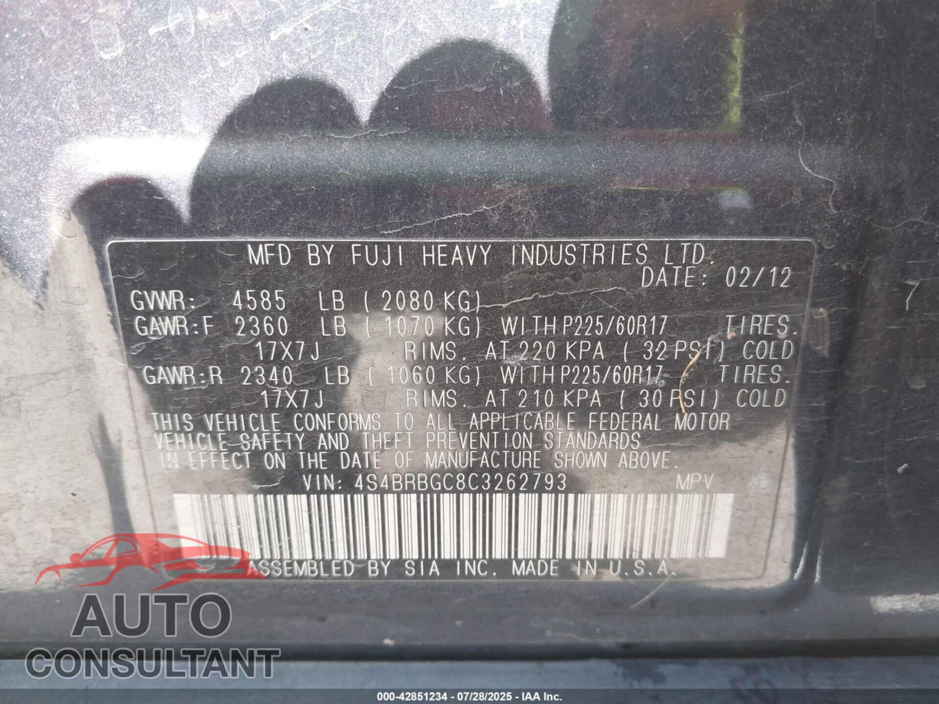 SUBARU OUTBACK 2012 - 4S4BRBGC8C3262793