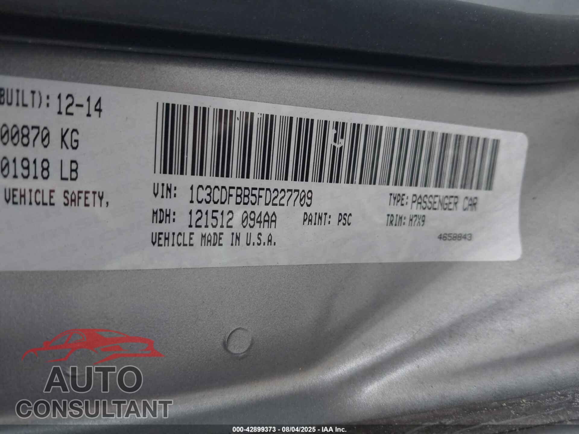 DODGE DART 2015 - 1C3CDFBB5FD227709