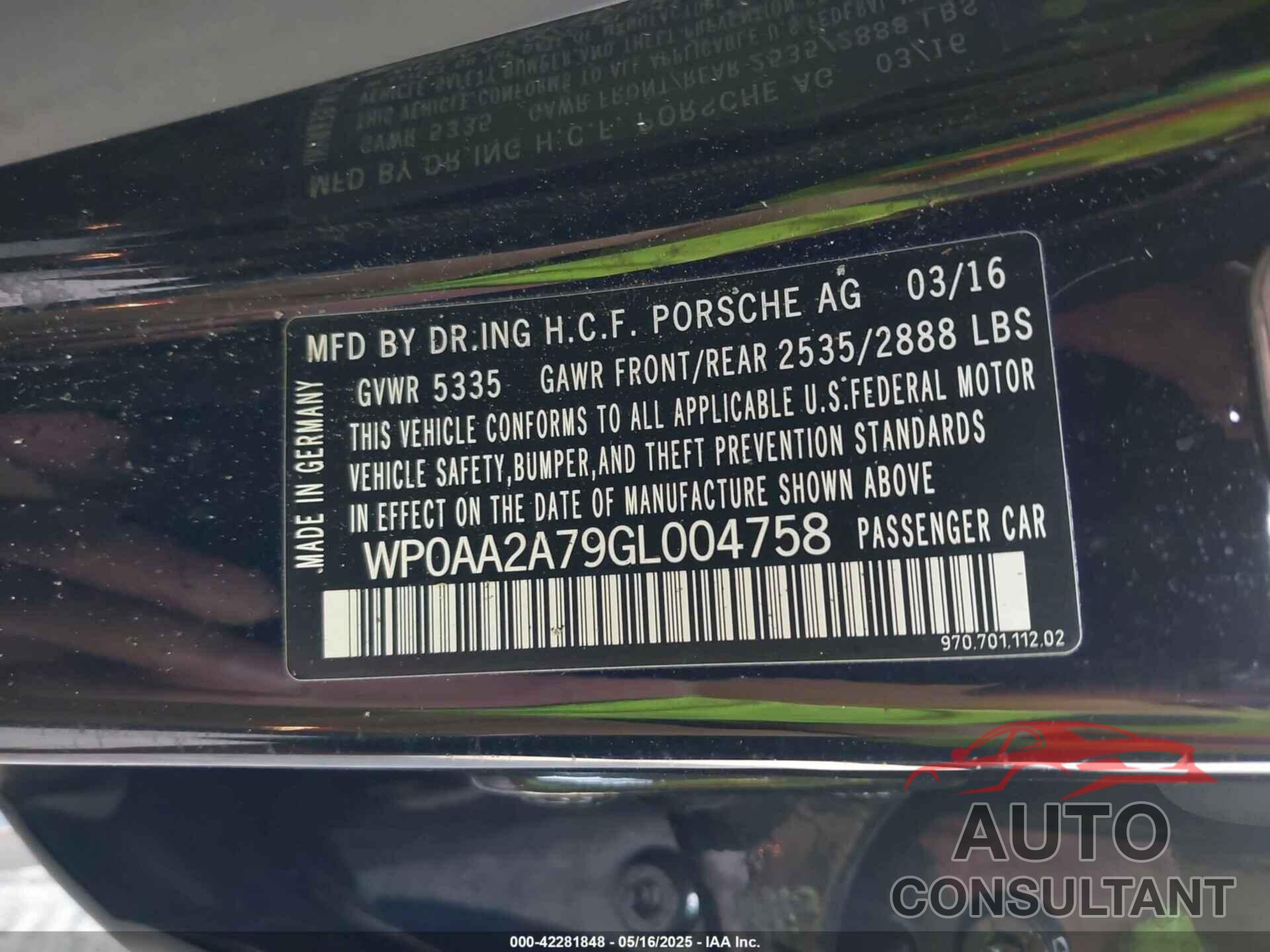 PORSCHE PANAMERA 2016 - WP0AA2A79GL004758