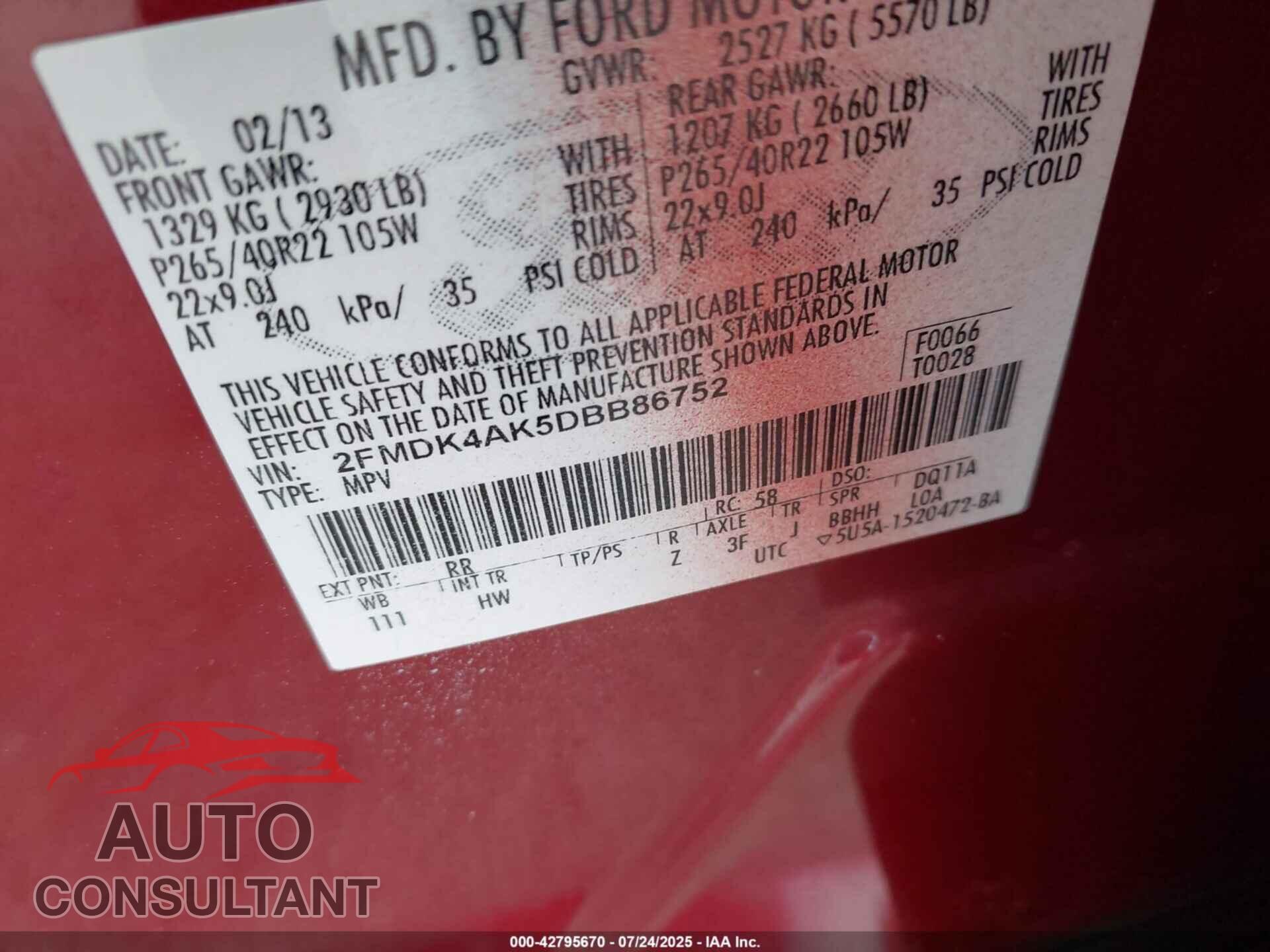 FORD EDGE 2013 - 2FMDK4AK5DBB86752