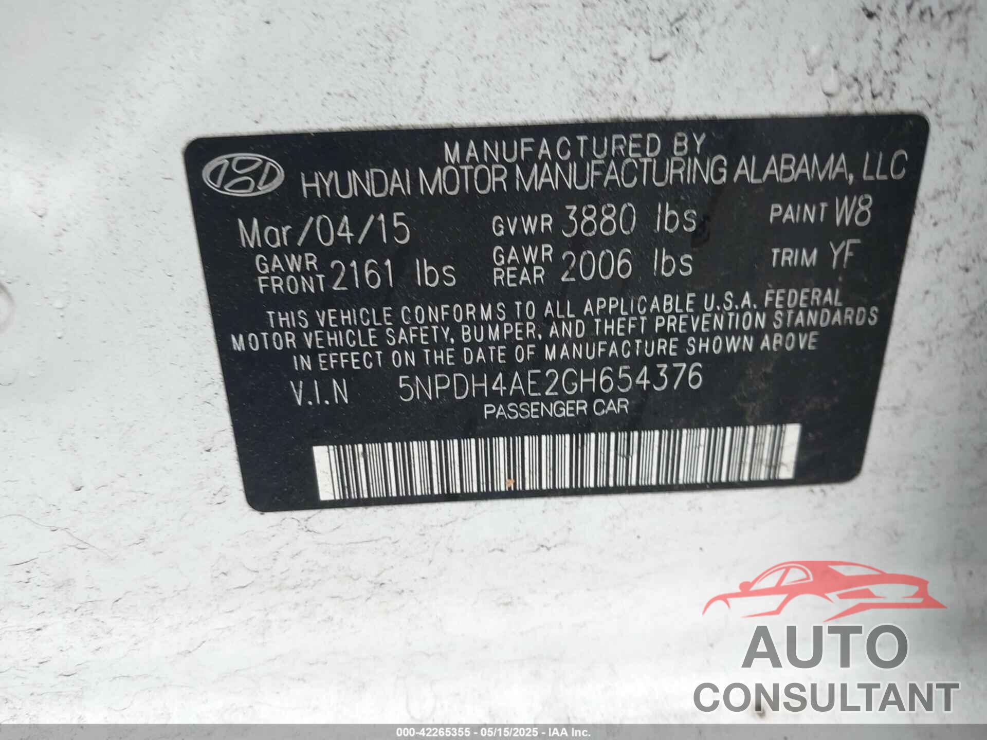 HYUNDAI ELANTRA 2016 - 5NPDH4AE2GH654376