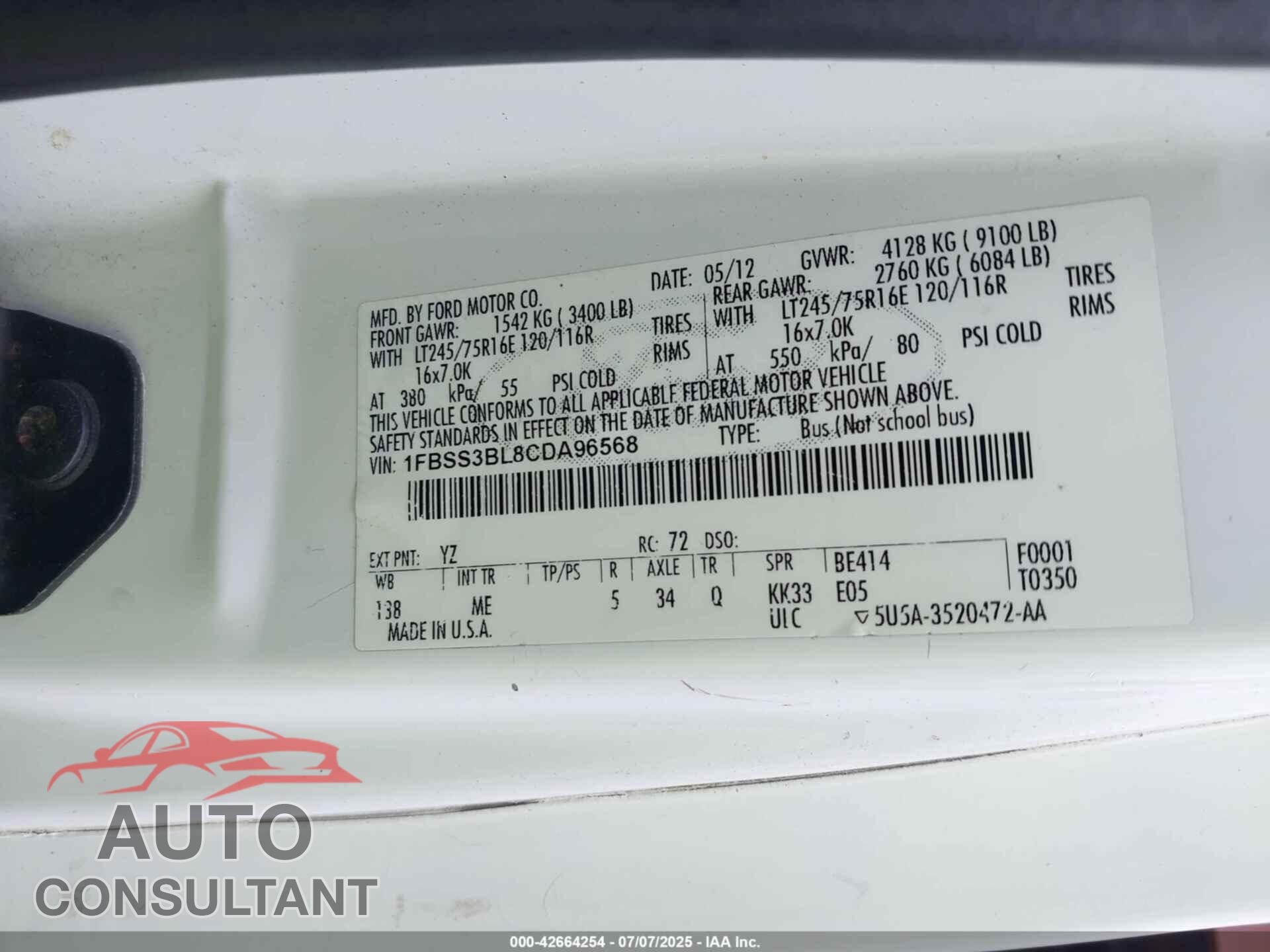 FORD E-350 SUPER DUTY 2012 - 1FBSS3BL8CDA96568