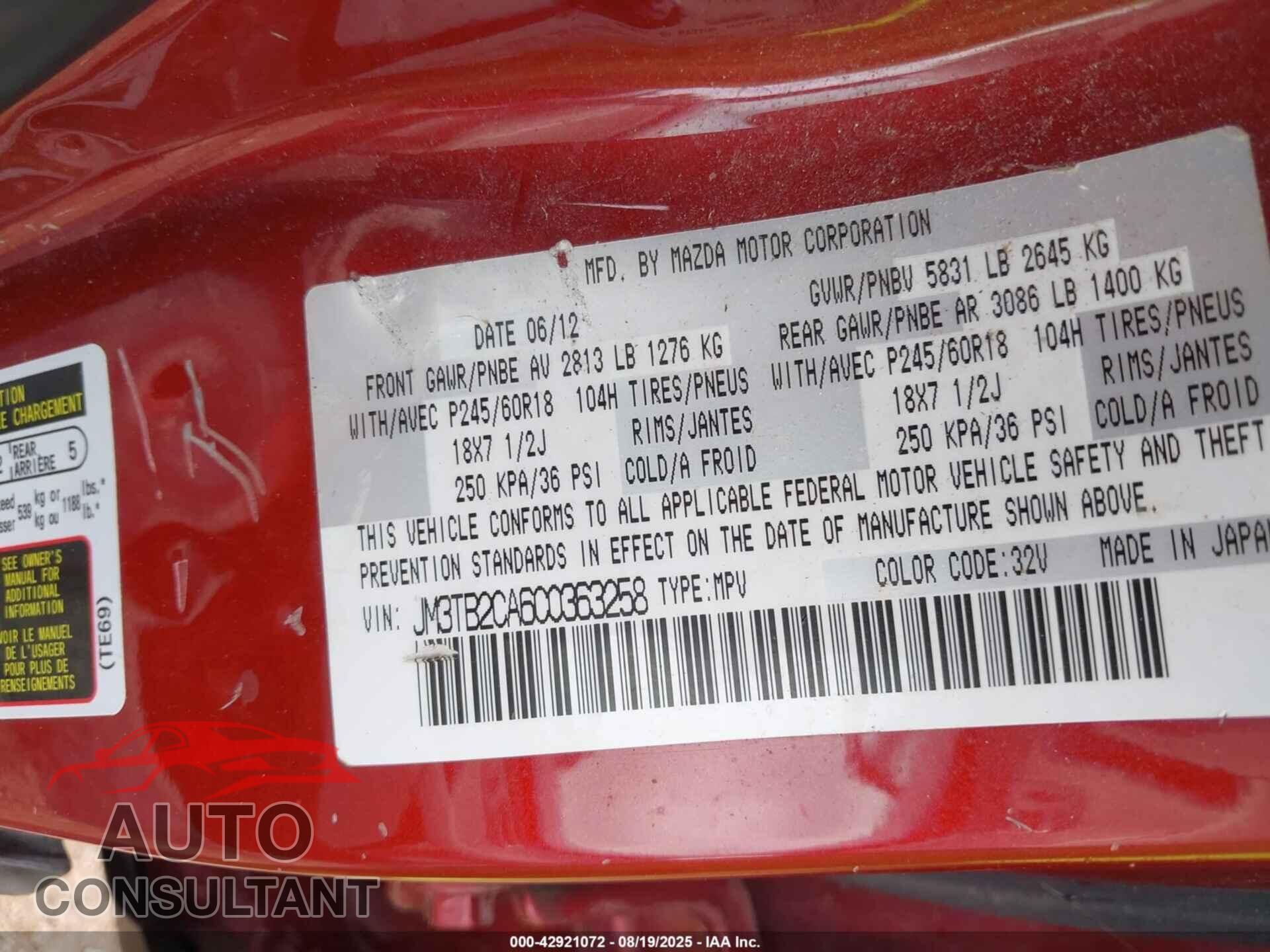 MAZDA CX-9 2012 - JM3TB2CA6C0363258