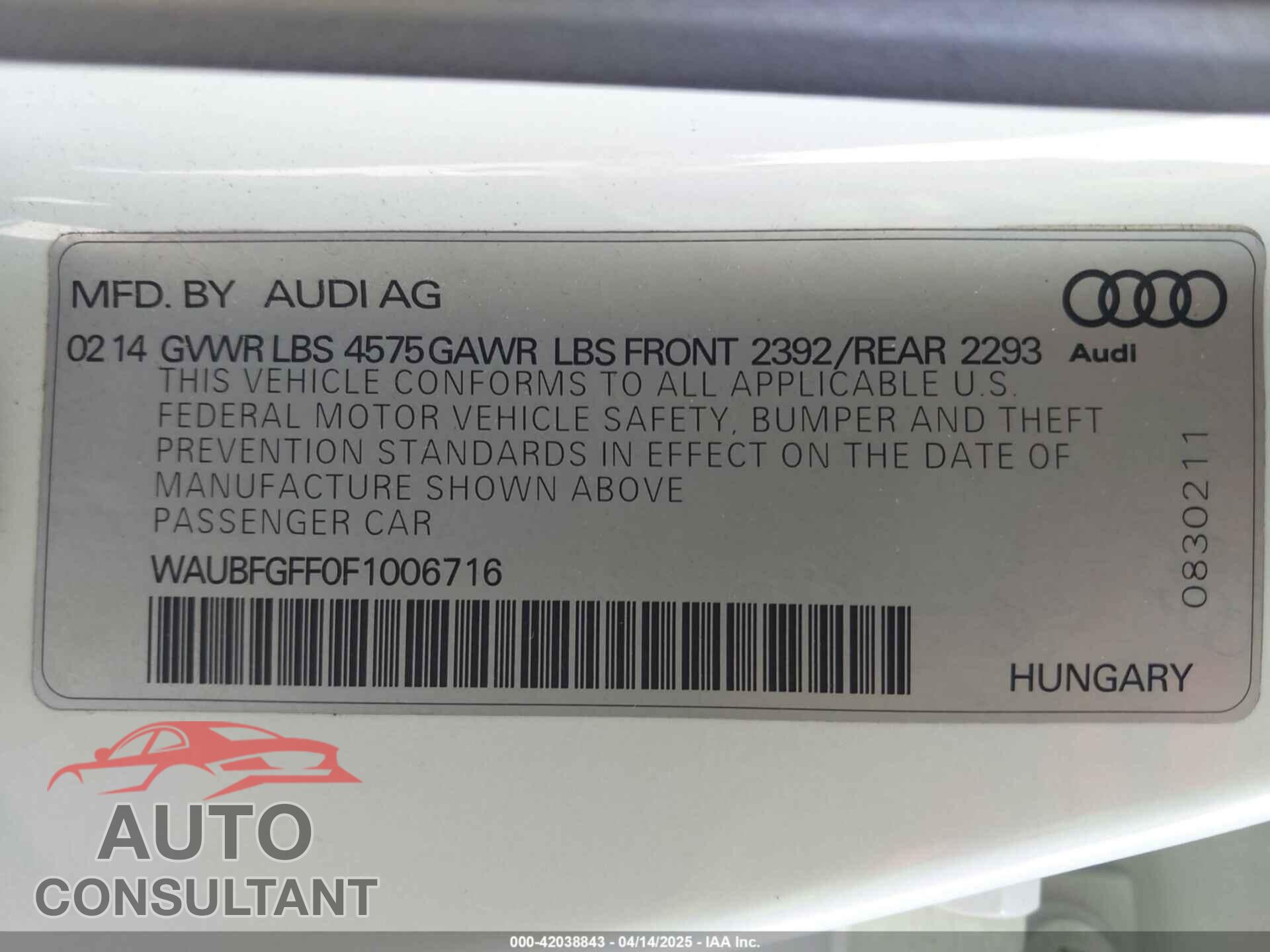AUDI A3 2015 - WAUBFGFF0F1006716