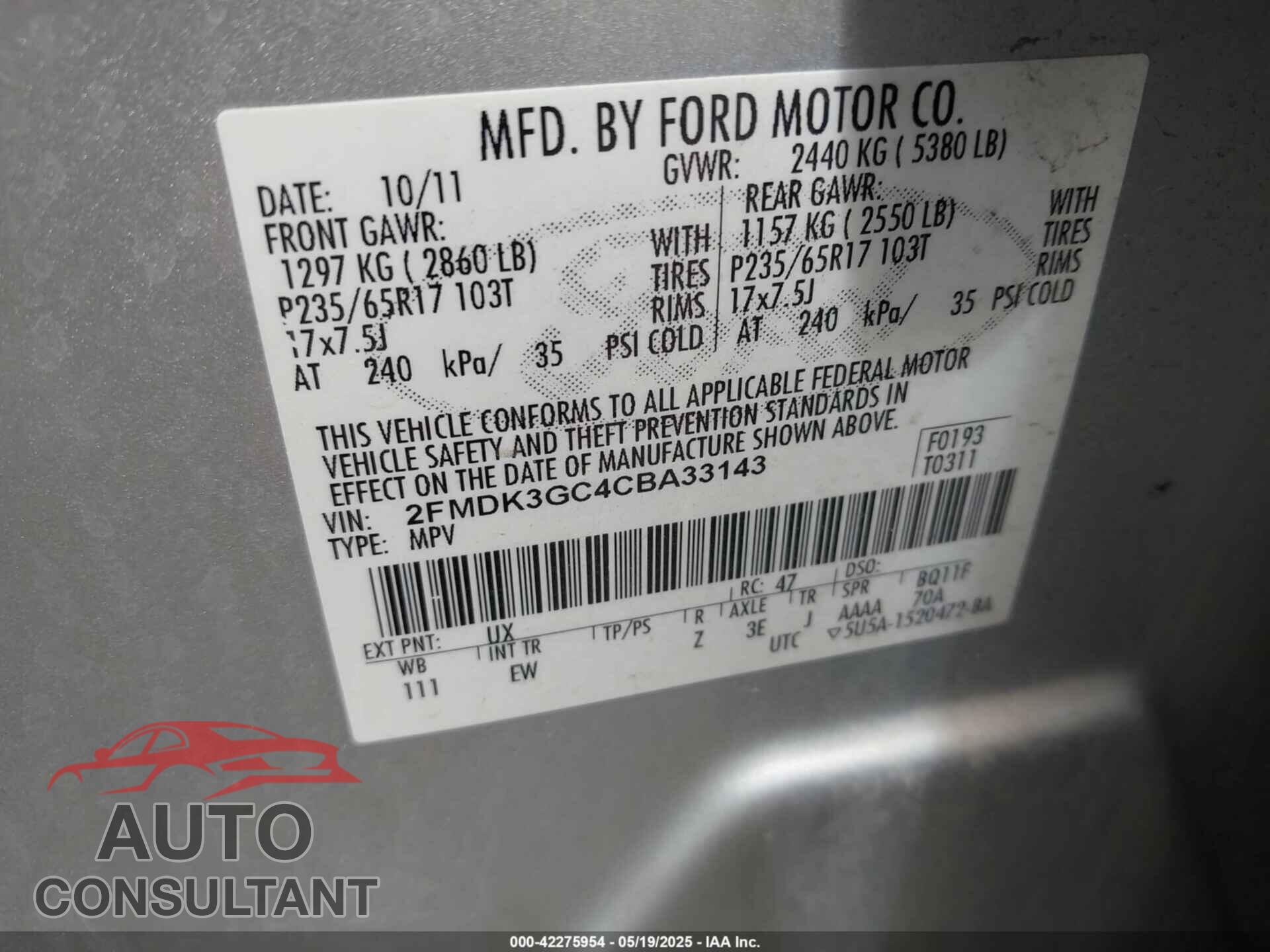 FORD EDGE 2012 - 2FMDK3GC4CBA33143