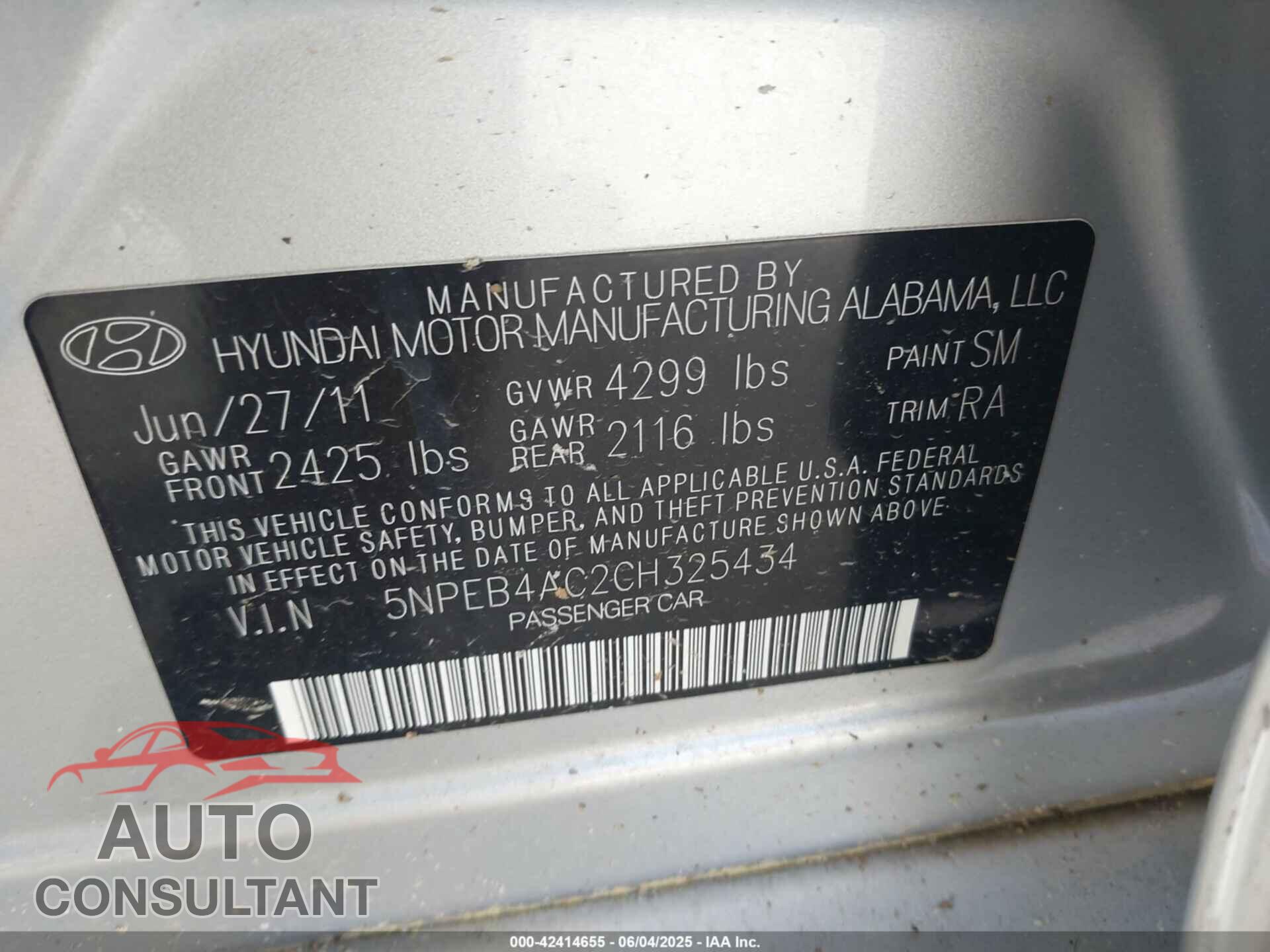 HYUNDAI SONATA 2012 - 5NPEB4AC2CH325434