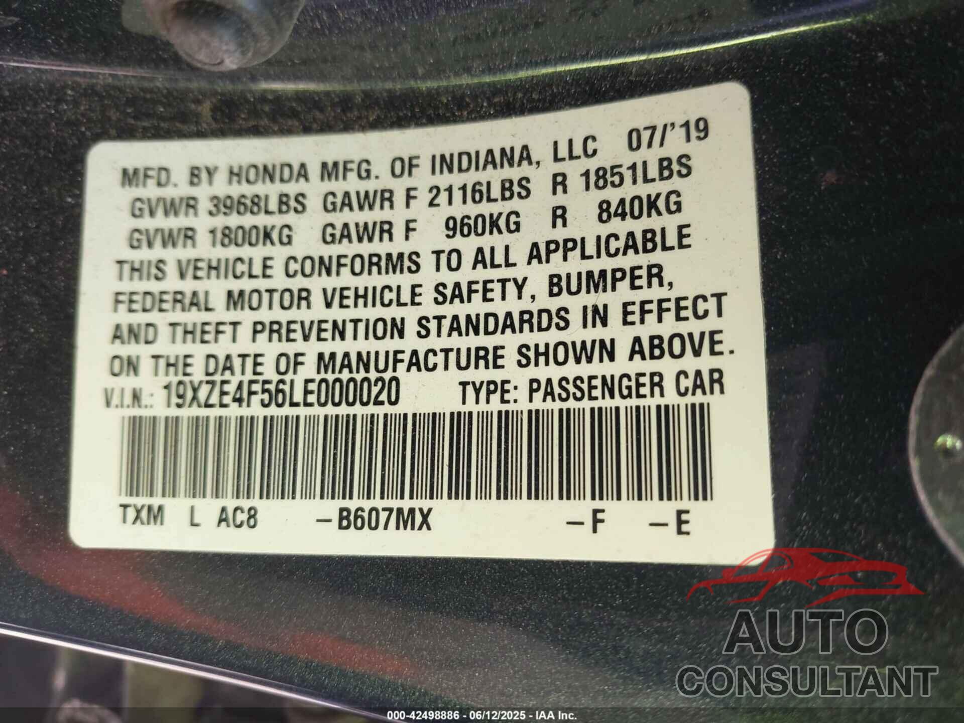 HONDA INSIGHT 2020 - 19XZE4F56LE000020