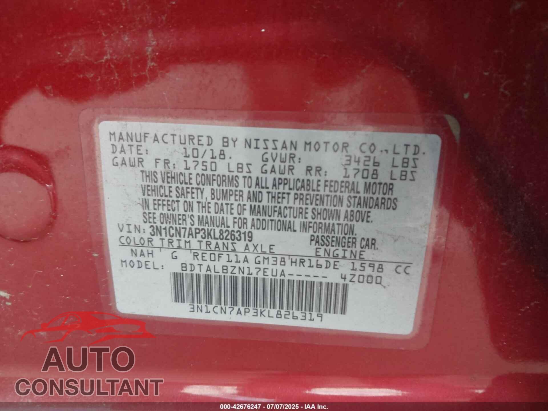 NISSAN VERSA 2019 - 3N1CN7AP3KL826319