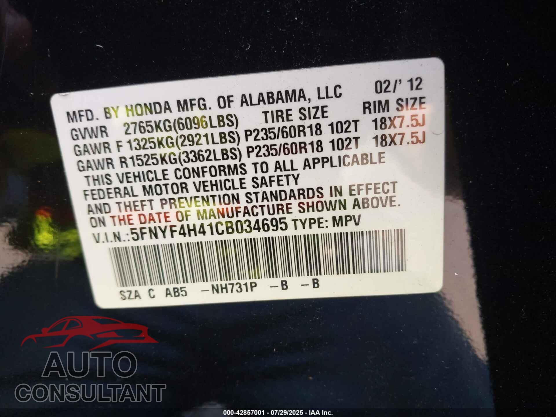 HONDA PILOT 2012 - 5FNYF4H41CB034695