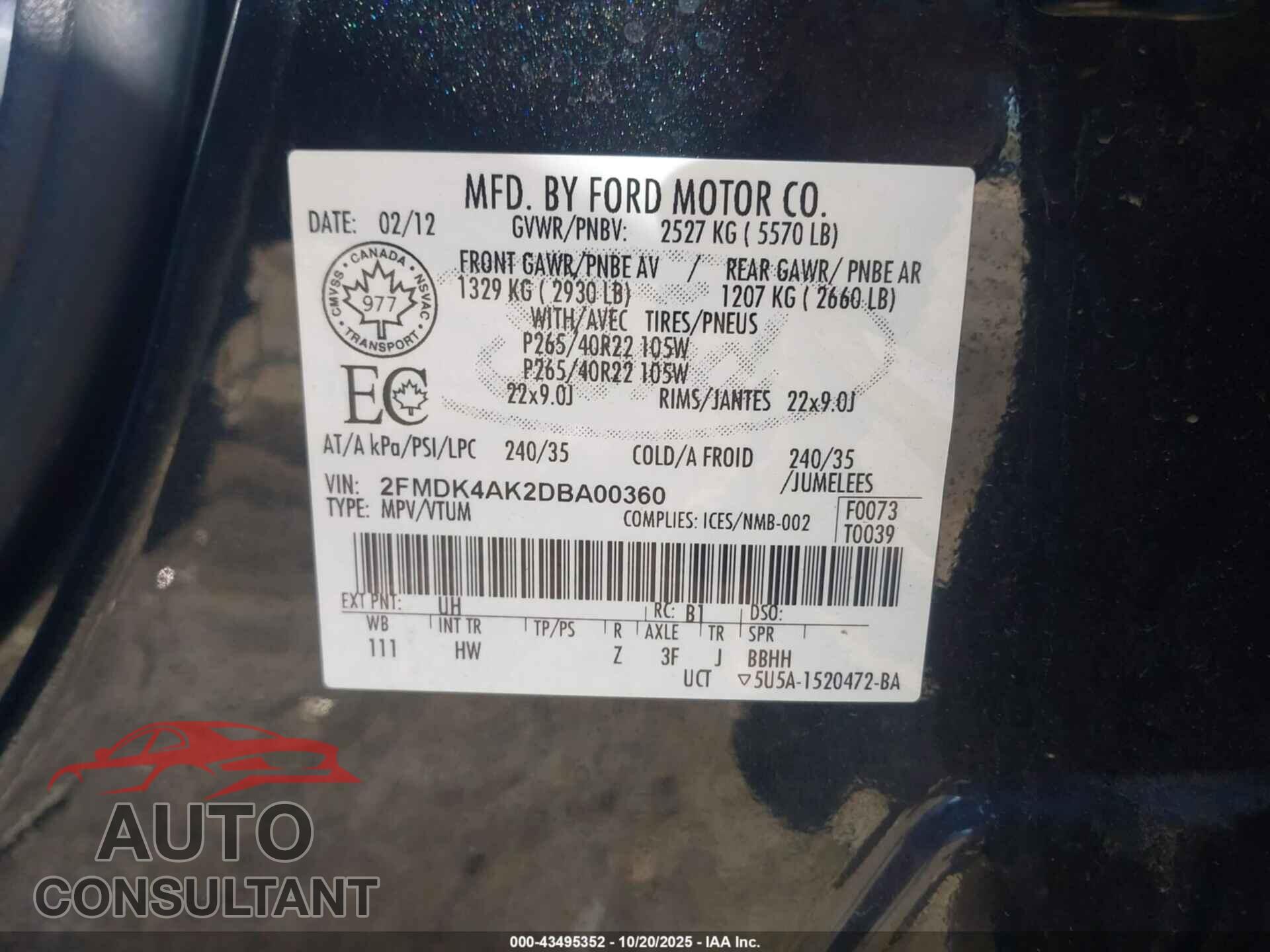 FORD EDGE 2013 - 2FMDK4AK2DBA00360