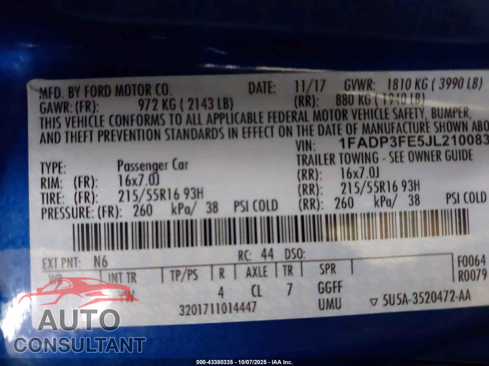 FORD FOCUS 2018 - 1FADP3FE5JL210083