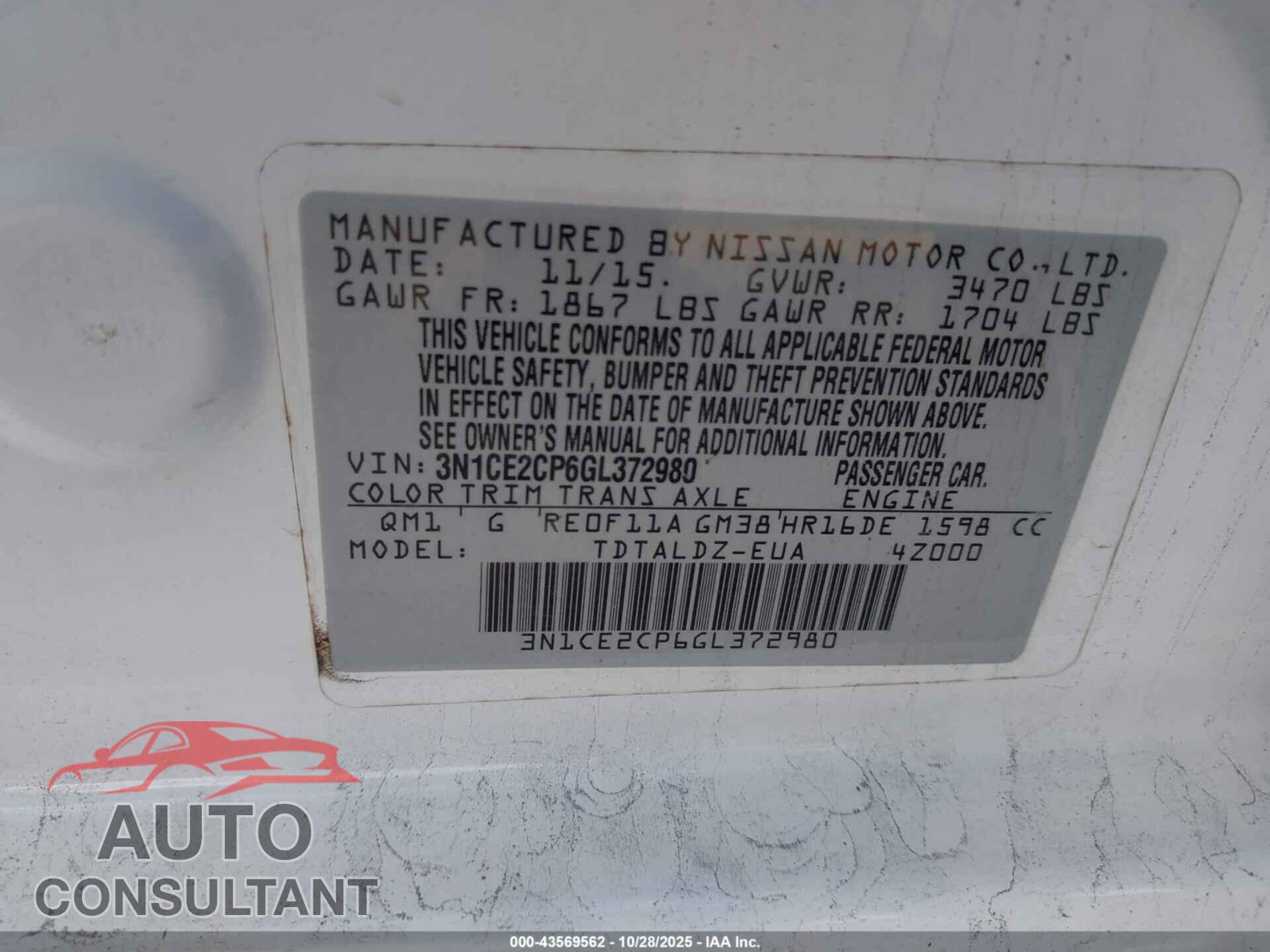 NISSAN VERSA NOTE 2016 - 3N1CE2CP6GL372980
