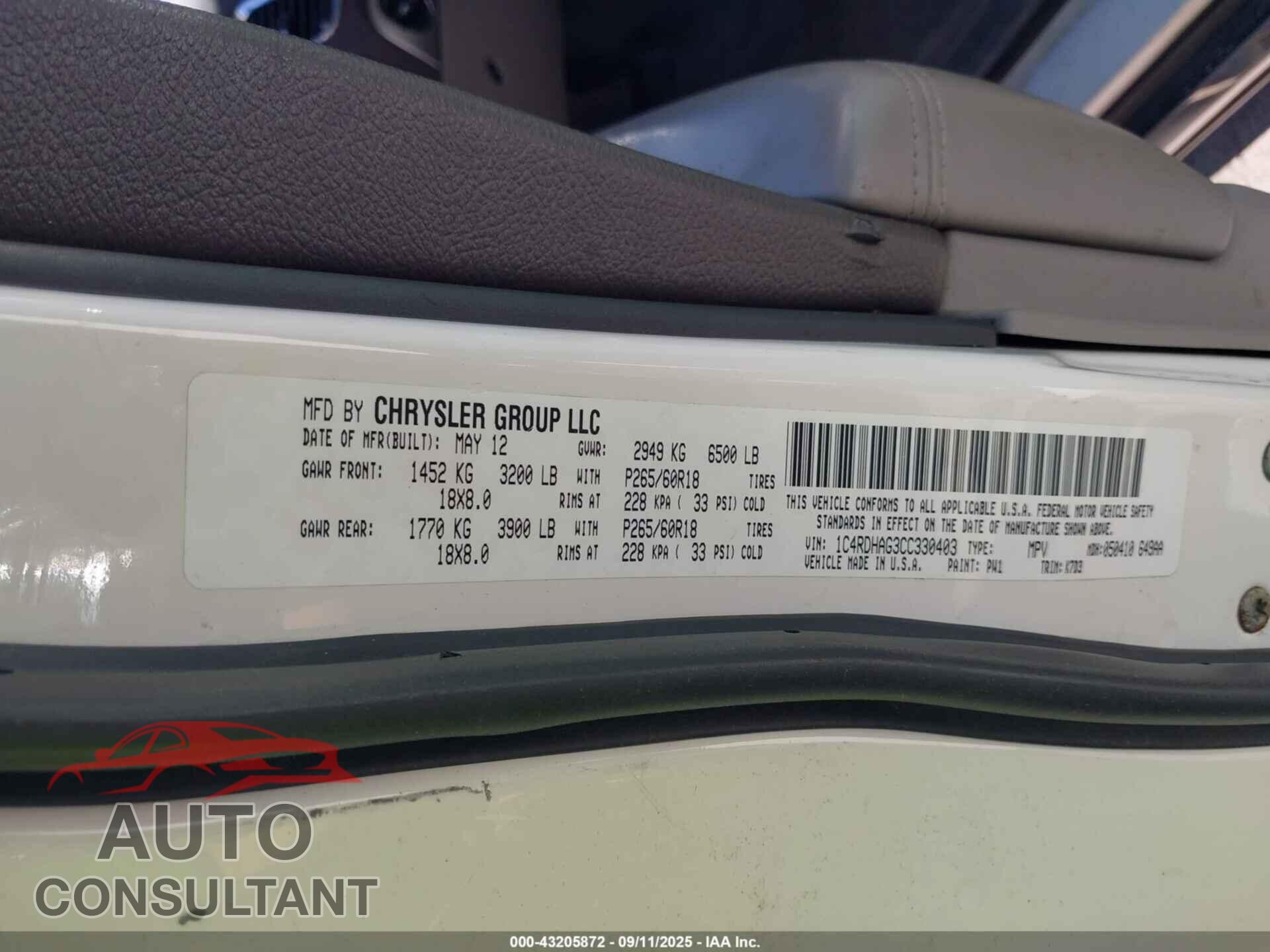 DODGE DURANGO 2012 - 1C4RDHAG3CC330403