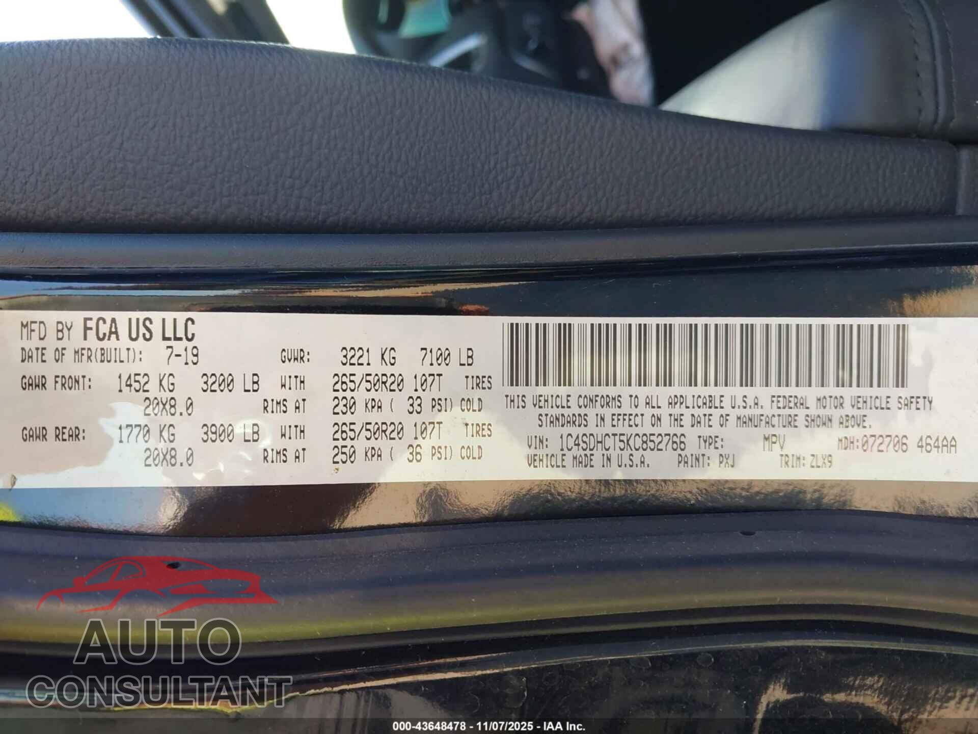 DODGE DURANGO 2019 - 1C4SDHCT5KC852766