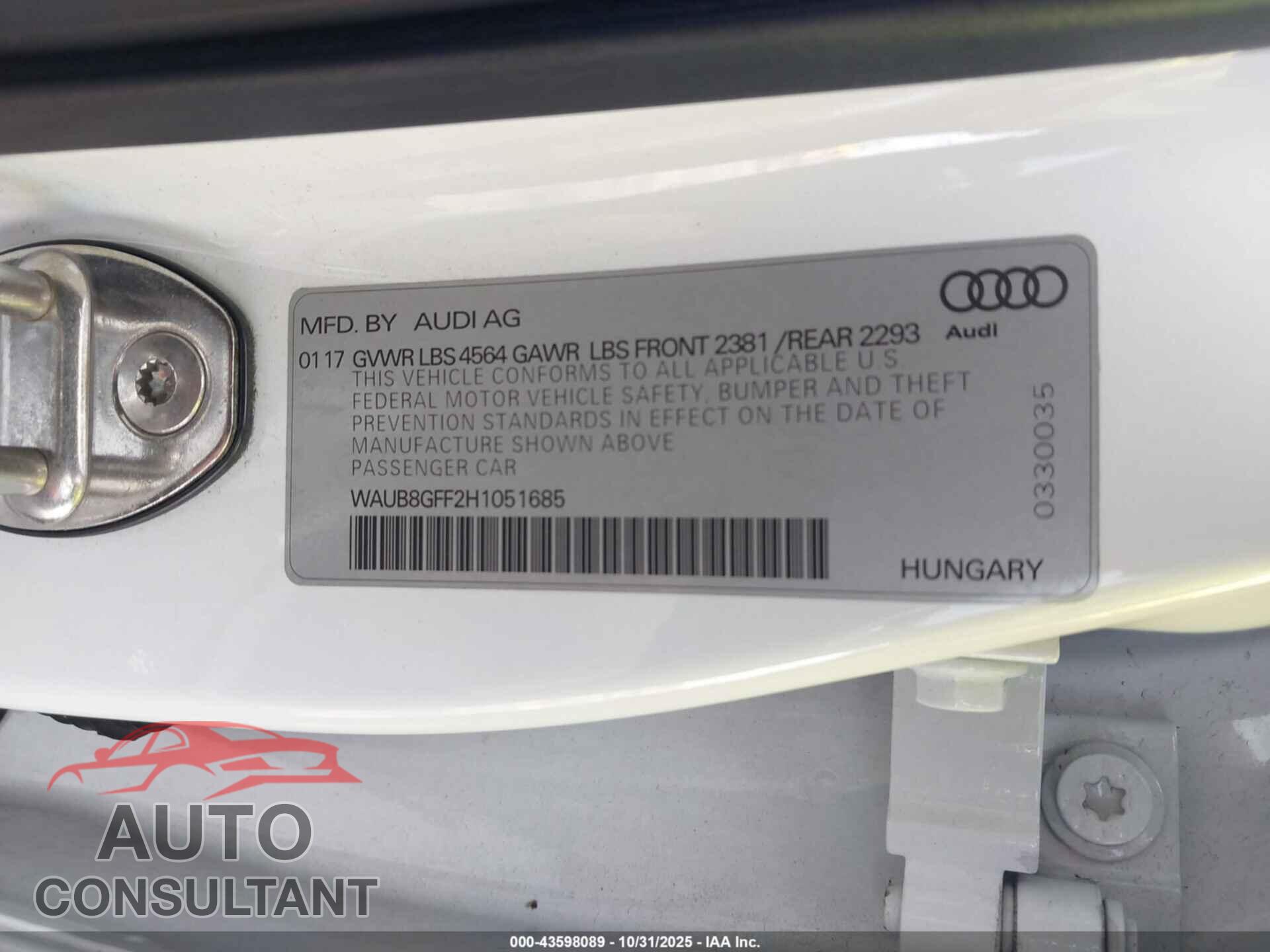 AUDI A3 2017 - WAUB8GFF2H1051685