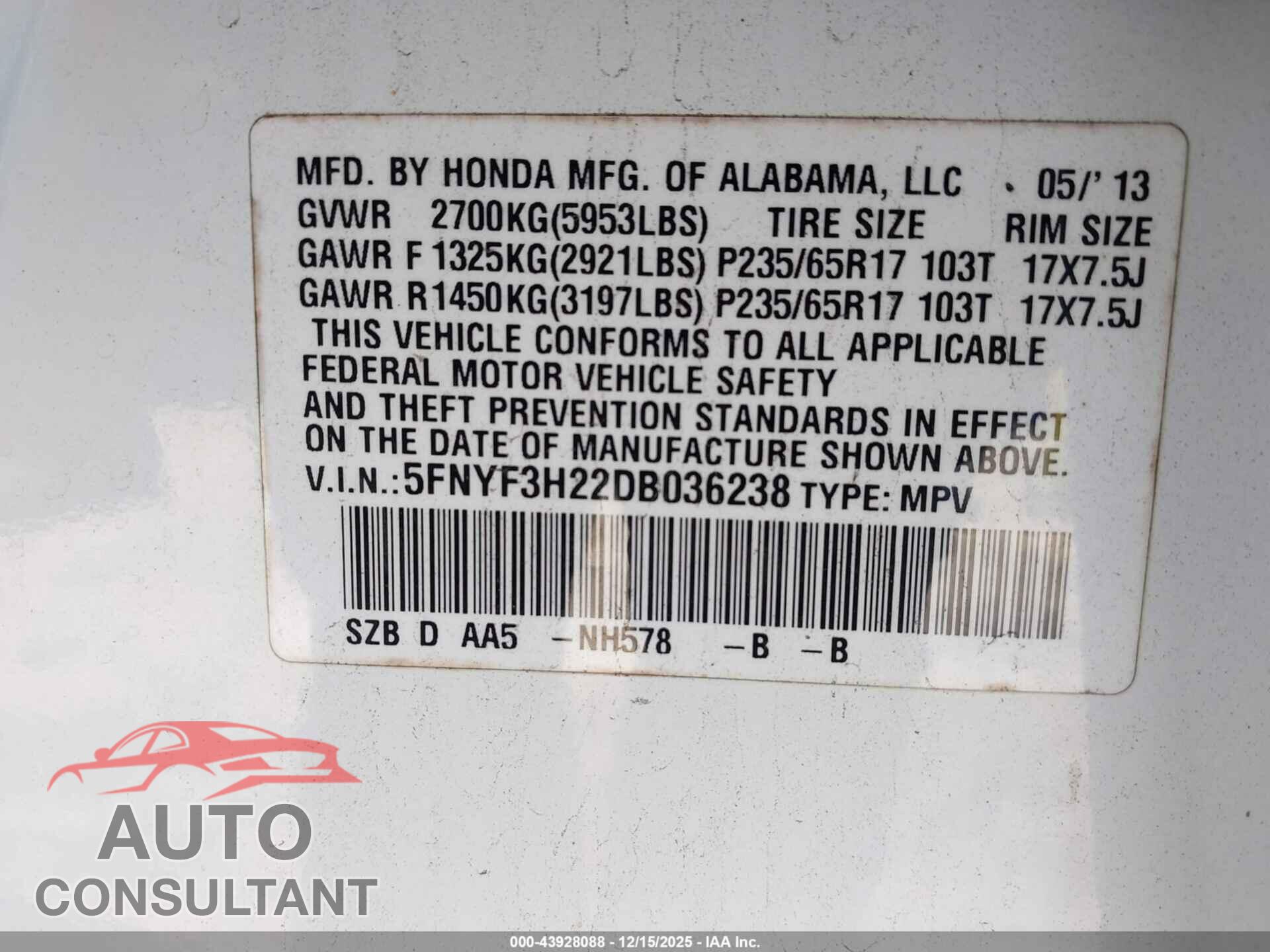HONDA PILOT 2013 - 5FNYF3H22DB036238