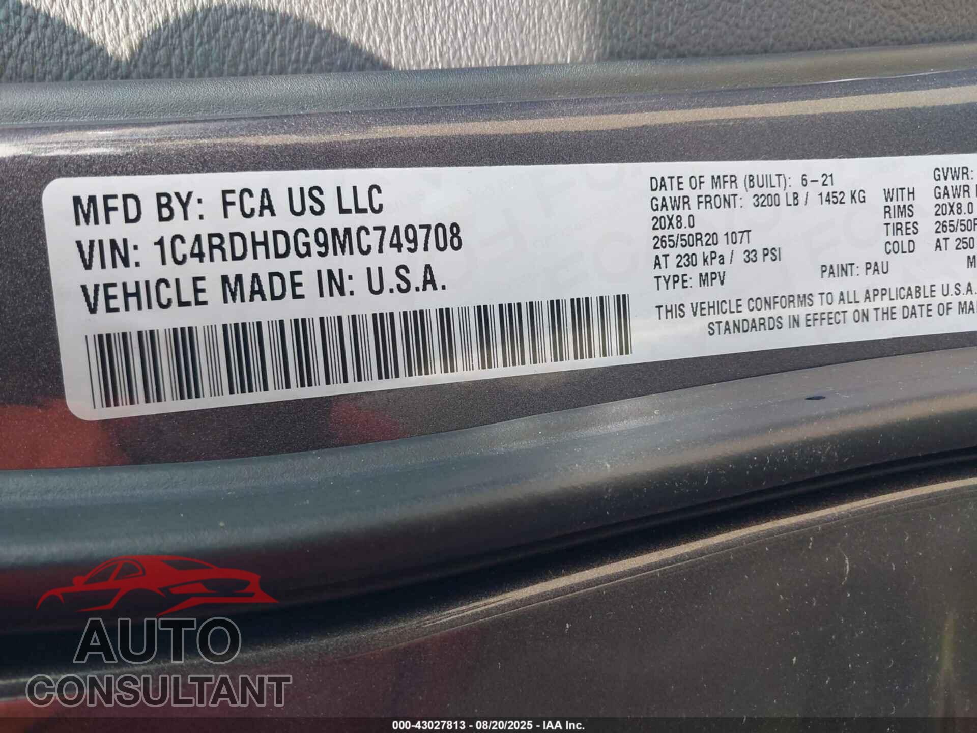 DODGE DURANGO 2021 - 1C4RDHDG9MC749708