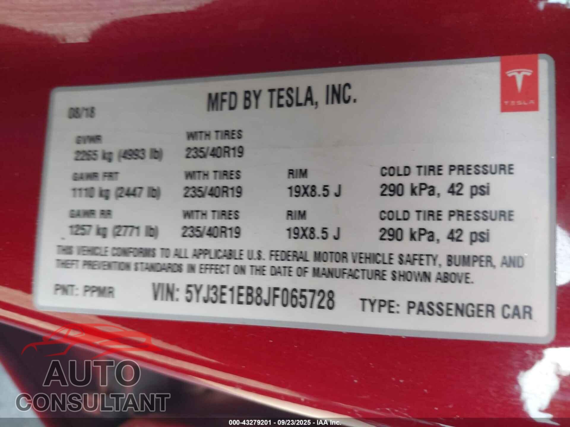 TESLA MODEL 3 2018 - 5YJ3E1EB8JF065728