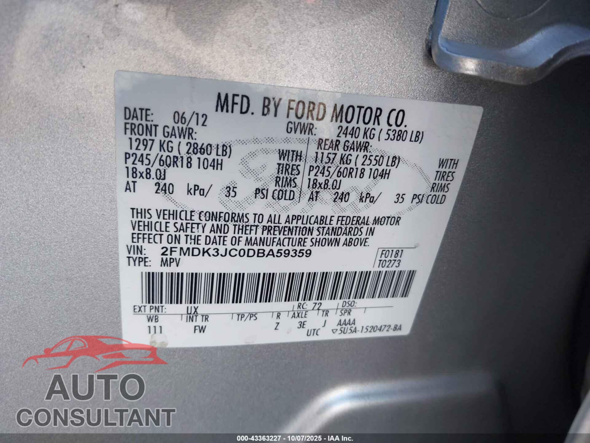 FORD EDGE 2013 - 2FMDK3JC0DBA59359